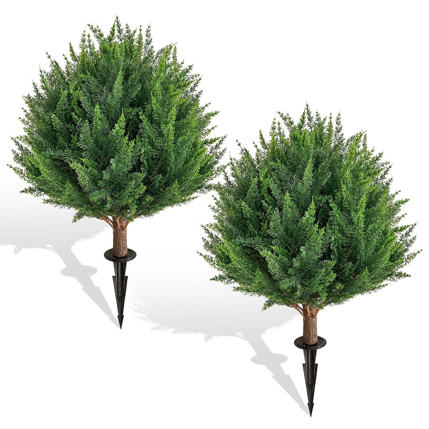 25”Artificial Cedar Topiary Ball Tree Set of 2 with Ground Spikes, UV Resistant Artificial Bushes Fake Plants for Home Front Door Offices