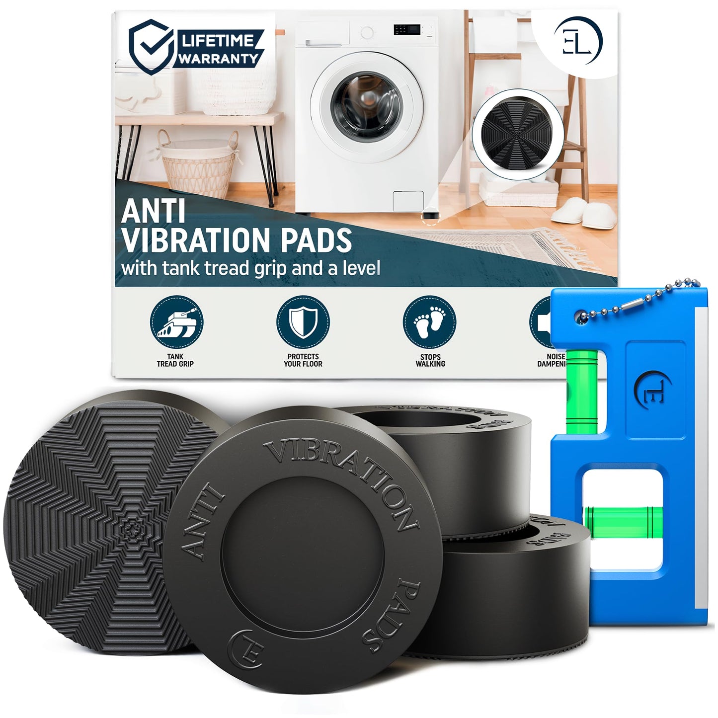 Anti Vibration Pads for Washing Machine with Tank Tread Grip - 8 Pack + Level - Fits MOST Round Feet up to 1.75” - Stops Washer Dryer from Moving - Rubber Antivibration Stabilizer for Leveling Washer