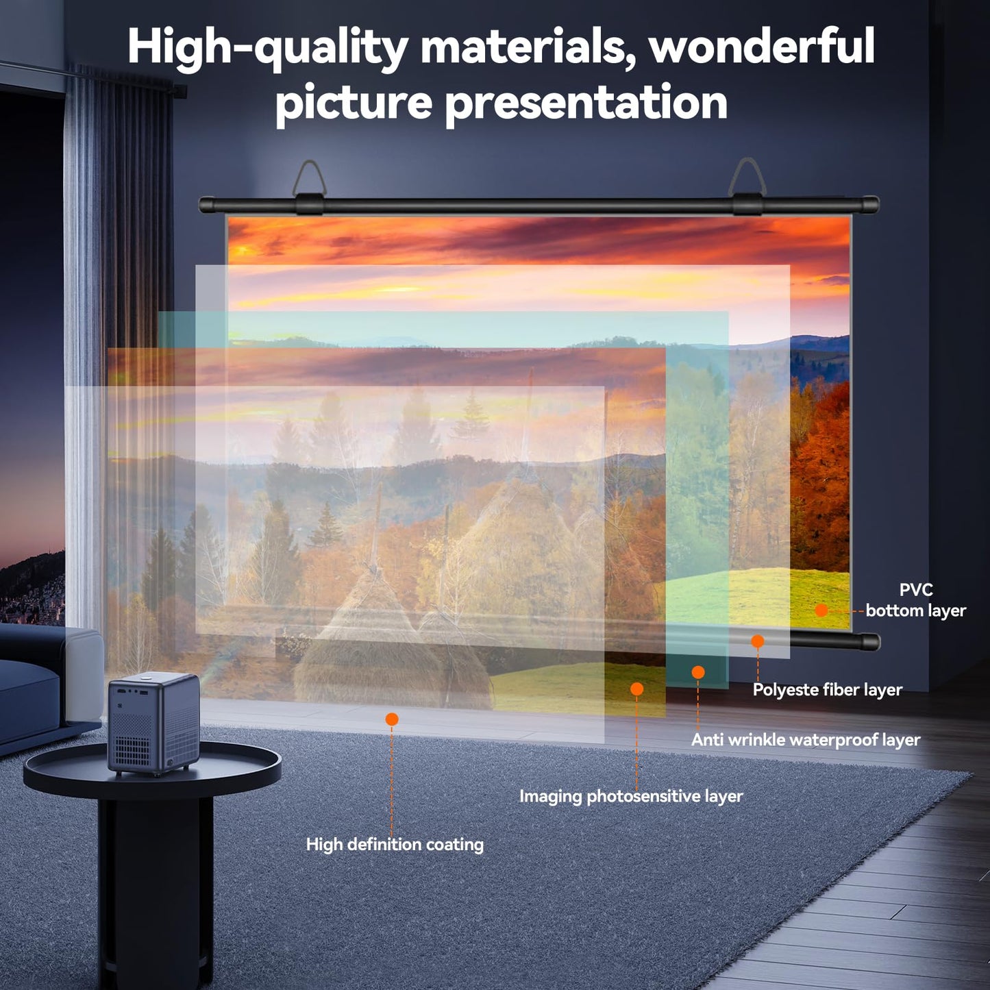 100-Inch Portable Projector Screen, XIAOHUI 16:9 Aspect Ratio, Non-Perforated Anti-Light, Easy Install,100% Polyester Professional Projector Screen Pull Down