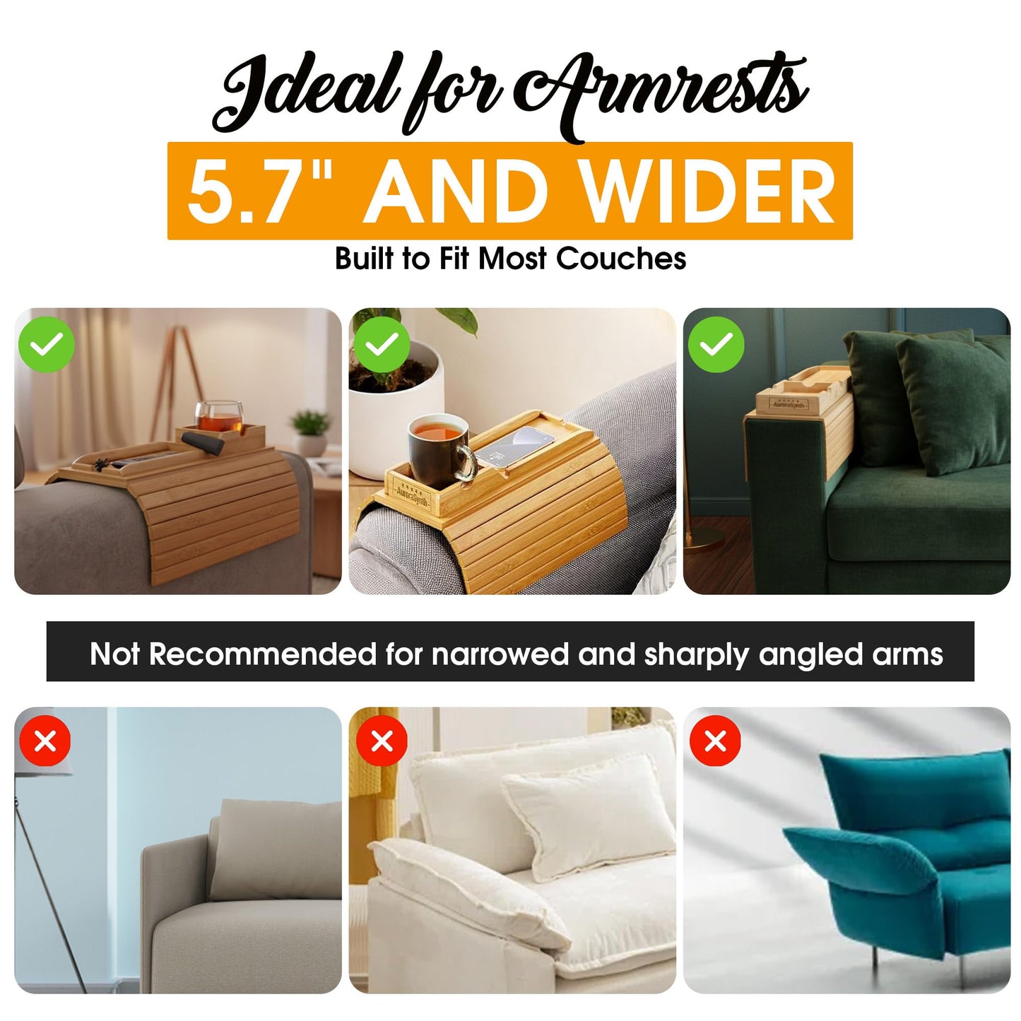 Bamboo Couch Cup Holder Tray with 2 Cork Coasters, Couch Arm Tray, 2 in 1 Anti-Slip Foldable Sofa Arm Tray, Couch Armrest Table, Anti-Spill Couch Arm Table for Drinks TV Remote Cellphone Snacks