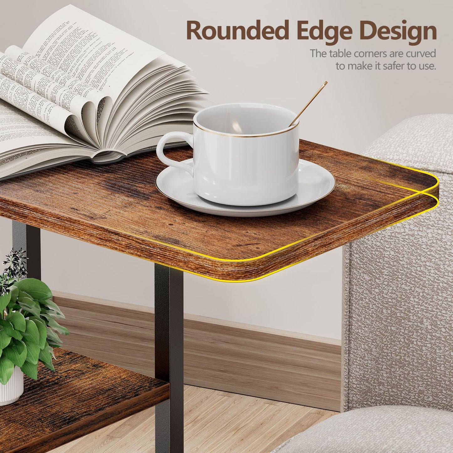 Yuede C Shaped End Table with Charging Station,3-Layer Sofa C Table Side Table, Slide Under Sofa Desk Snack Tables with Storage Bag w/AC U-S-B Port & Socket,Small Spaces Drink Tables for Living Room