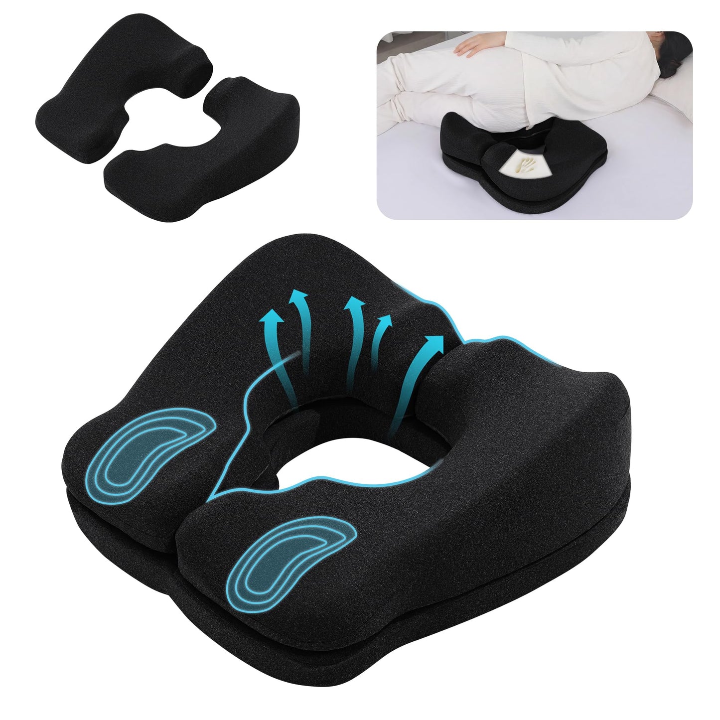 BALAPET Adjustable Bed Sore Cushions for Butt, 2-Layer Memory Foam Bedsore Pressure Relief Pillow for Sleeping and Sitting, Removable T Shaped Opening Tailbone Cushion for Wheelchair (Black)