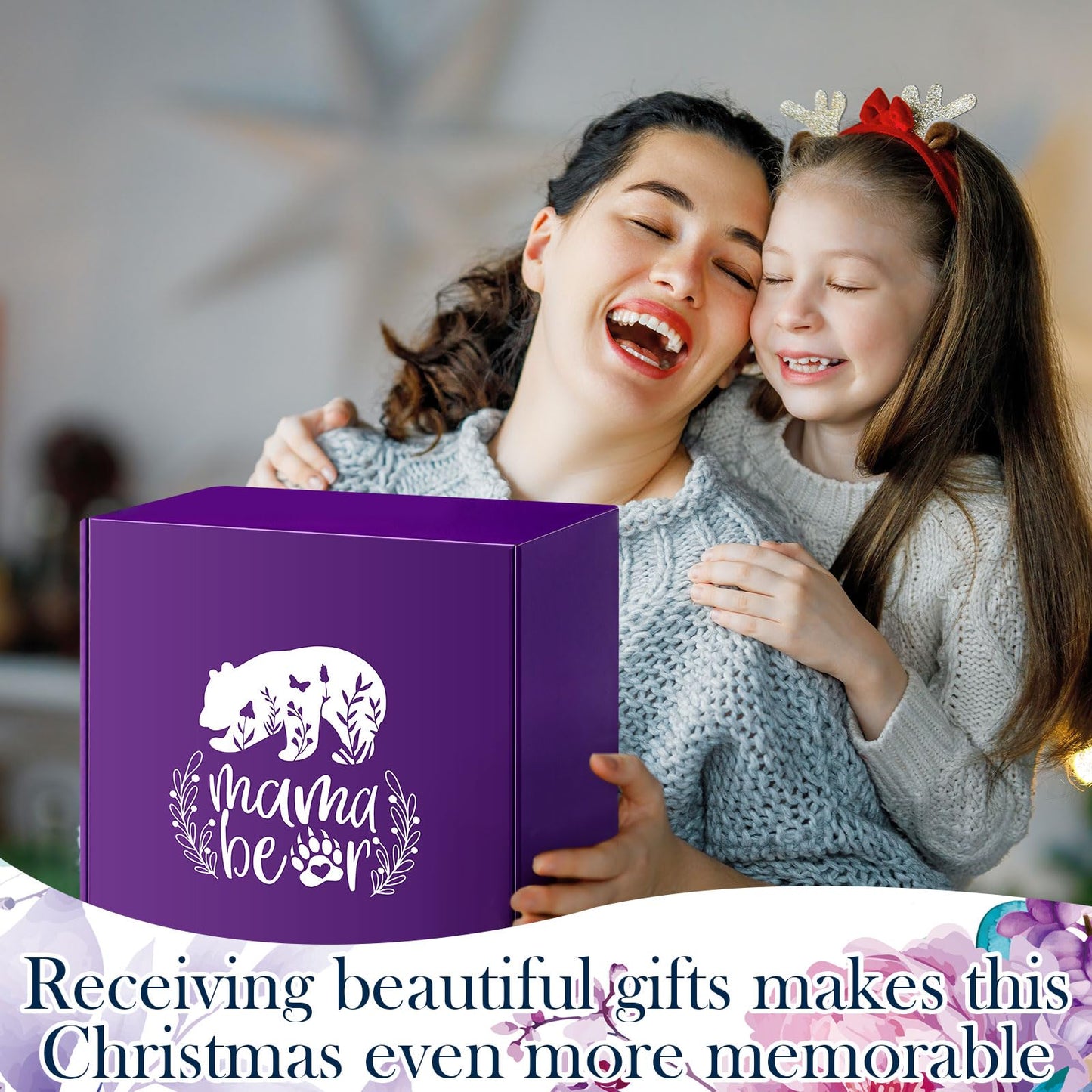 HunnmingRe 5 Pcs Mama Bear Gift Box Set for Mom Mother's Day, Birthday Purple Wearable Blanket Hoodie Tumbler Greeting Card Socks Gifts from Son Daughter Husband for Wife Women