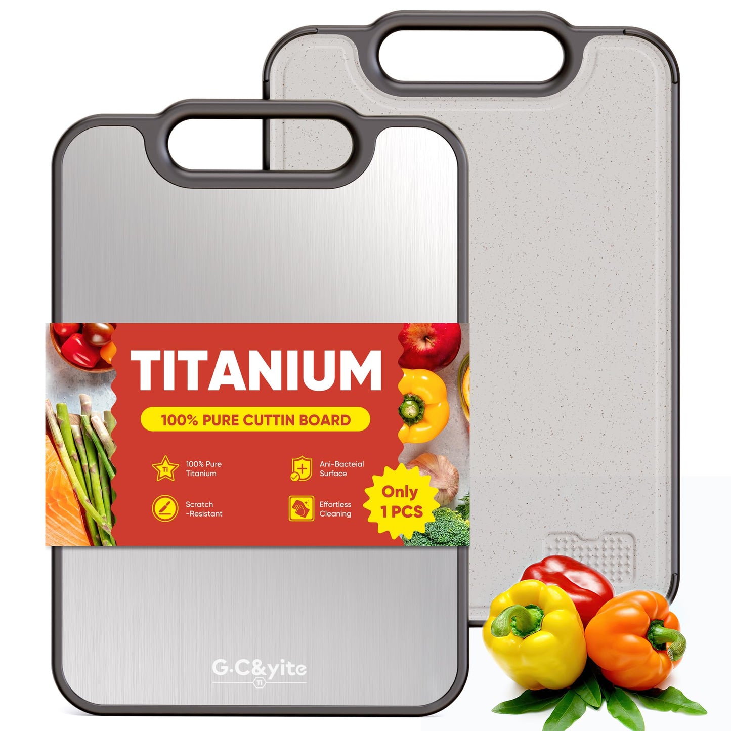 G.C&yite Titanium Cutting Board for kitchen, 2-in-1 Pure Titanium Chopping Board with Wheat Straw PP for Food Safety, Lightweight No Toxic, Kitchen Gifts 15.5" x 10.5", 1-Pcs (Dark Gray)