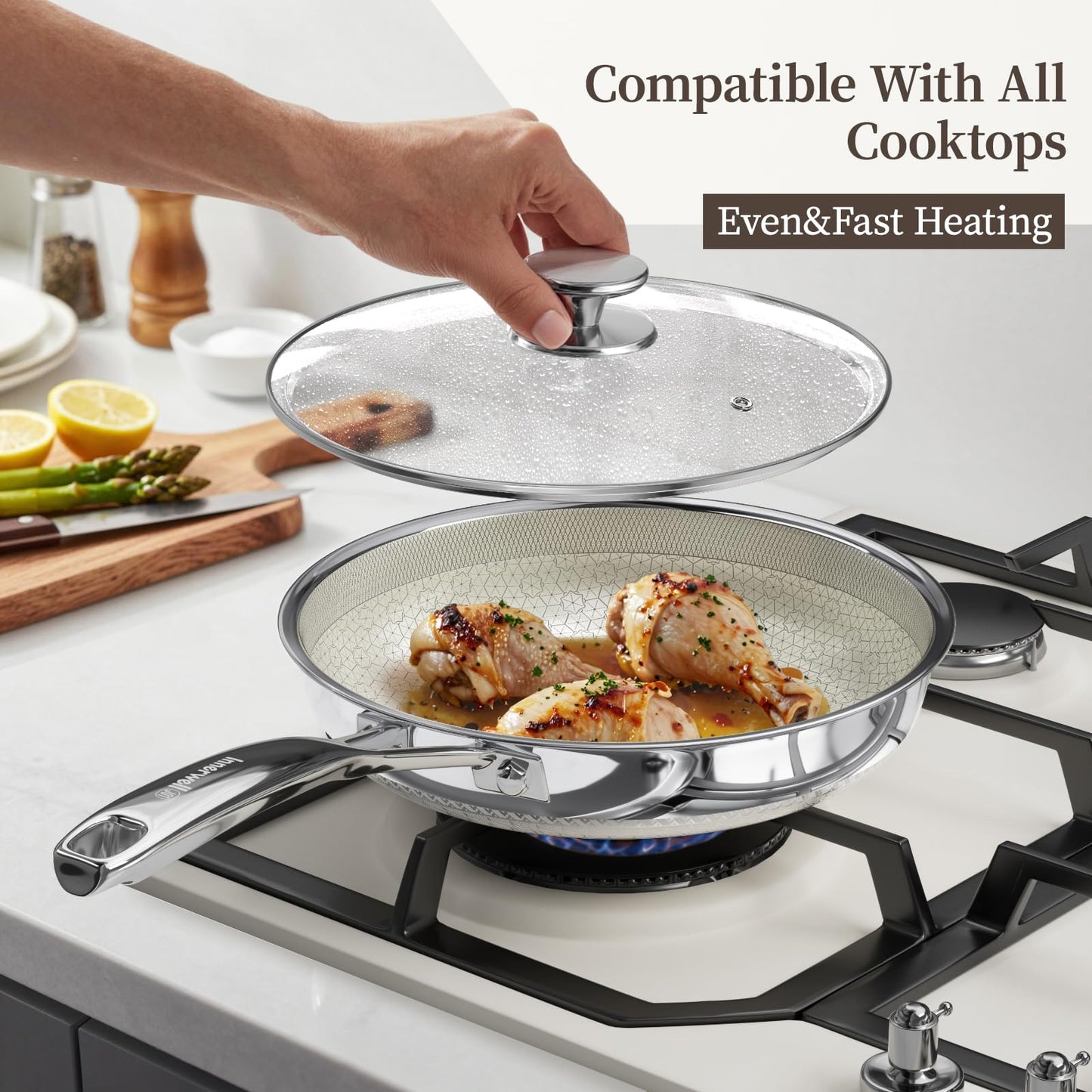 8 Inch Non Stick Frying Pan with Lid, Ceramic Hybrid Tri-Ply Stainless Steel Nonstick Skillet W/Lid, Small No Toxic Cooking Pans Induction Egg Frying Pan W/Stay Cool Handle, PFAS/PFOA/PTFE Free