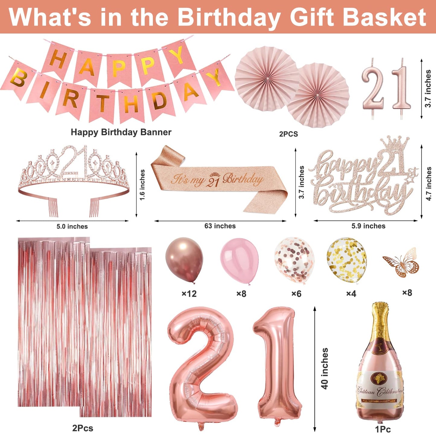 21st Birthday Decorations for Her, Rose Gold Happy 21st Birthday Decorations for Girls, 21 Sash and Crown, Banner, Fringe Curtains, Hanging Paper Fans, 21 Year Old Party Supplies Set