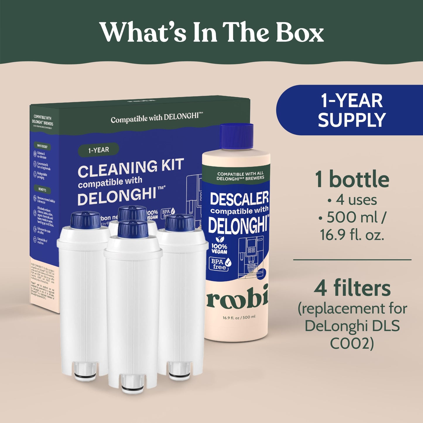 Roobi DeLonghi Compatible Cleaning Descaling Kit. Includes 1 Bottle of Descaling Solution and 4 DeLonghi Filters. Carbon Neutral DeLonghi Cleaner Descaler Kit. 1 Year Supply.