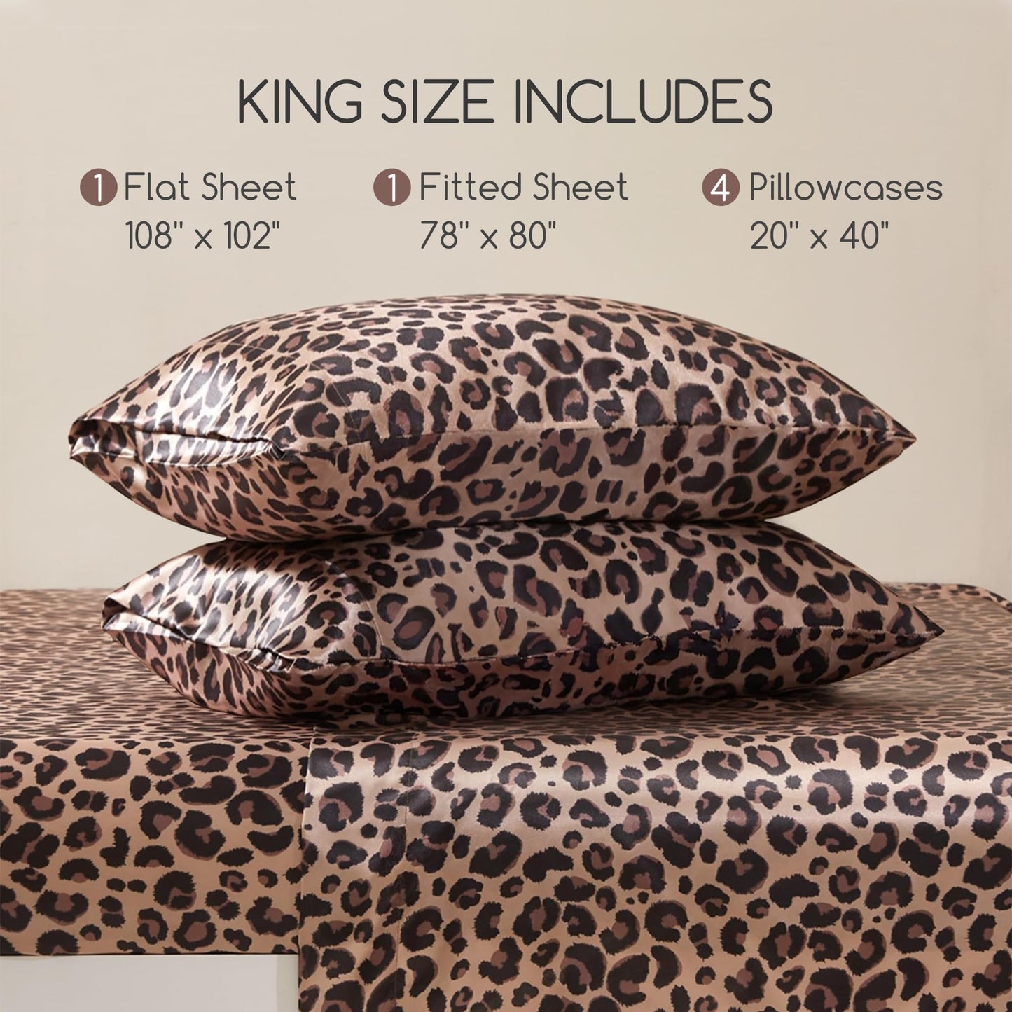 MR&HM Satin Bed Sheets with Elastic Corner Straps, King Size Sheets Set, 6 Pcs Silky Bedding Set with 15 Inches Deep Pocket for Mattress (King, Brown Leopard)