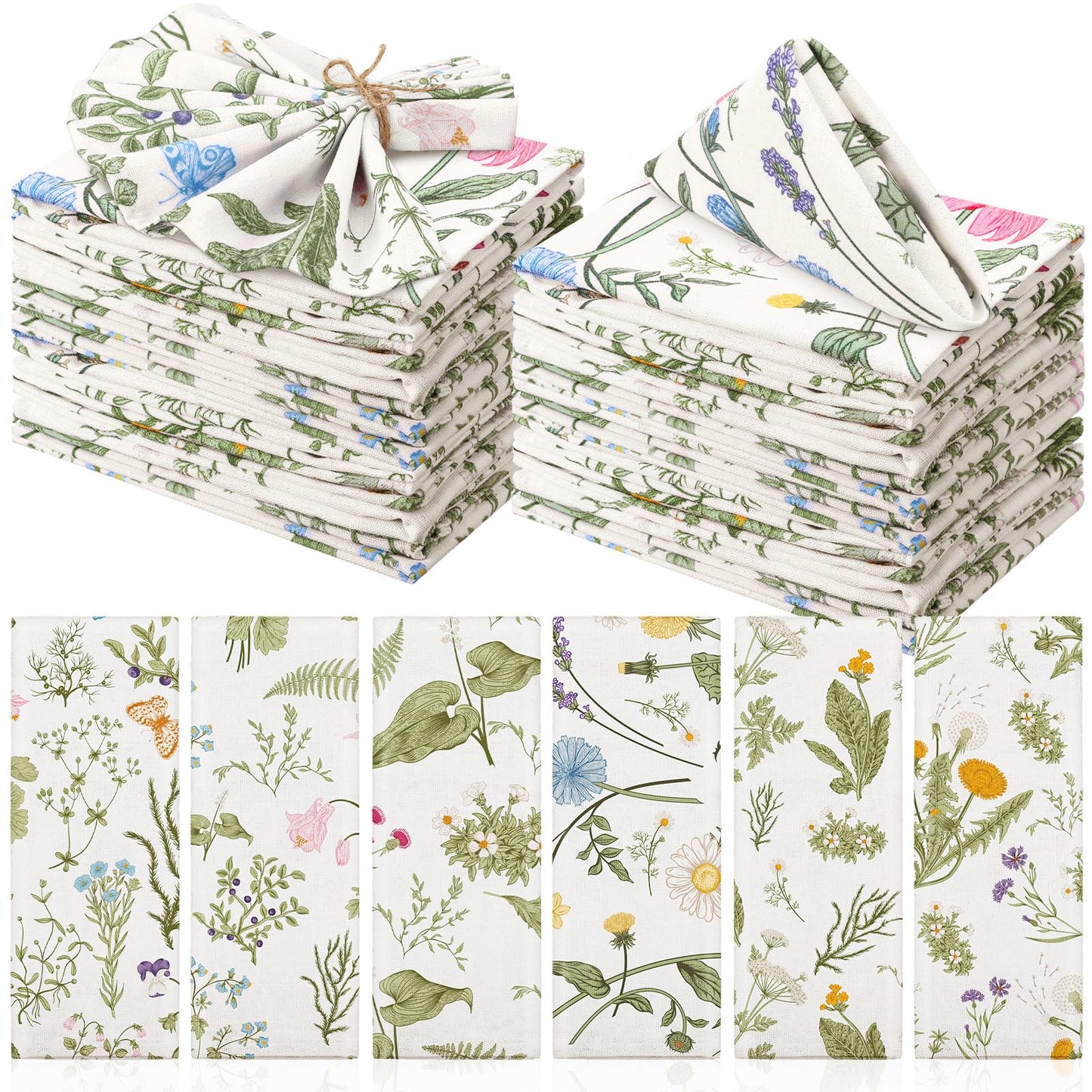 Funnymoom 24 Pcs Herbs and Wild Flowers Cloth Napkins Floral Plants Reusable Napkins Country French Toile Dinner Soft Absorbent for Summer Holiday Party