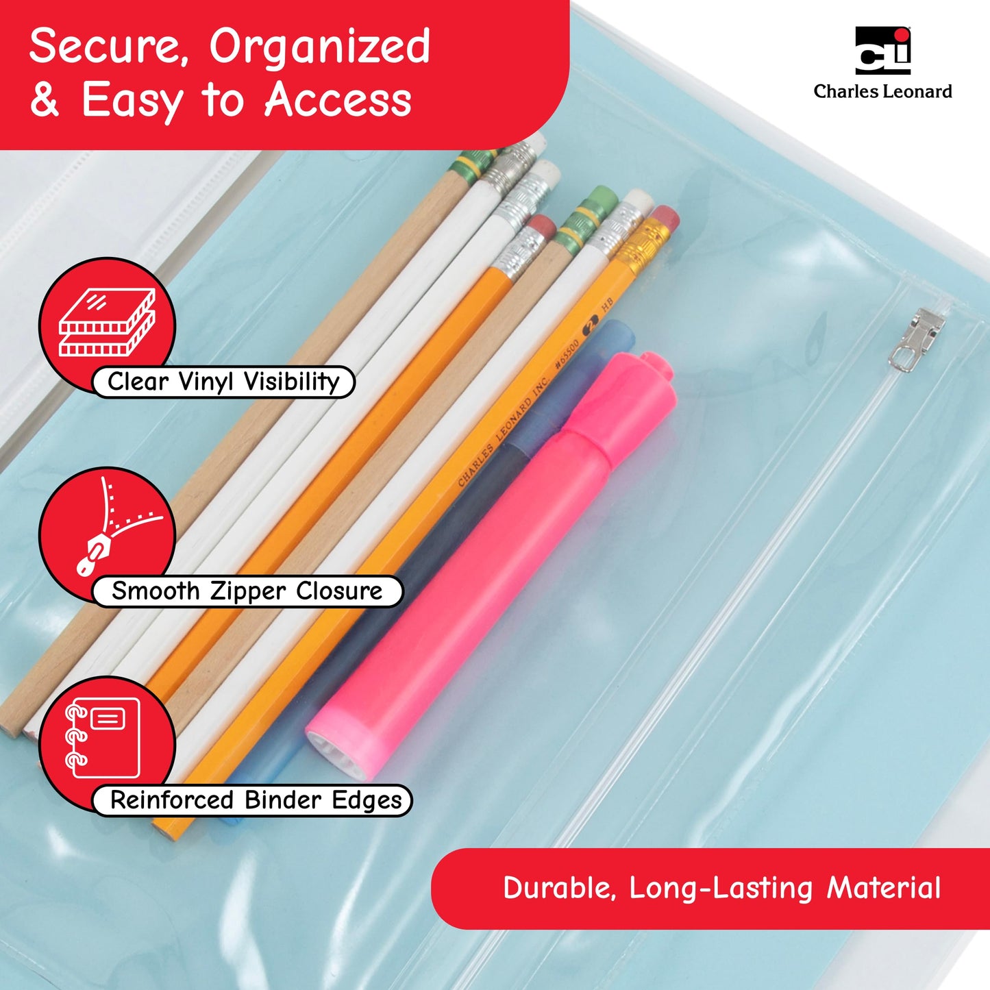 Charles Leonard Pencil Pouch for Binder, 1 Pocket with Zipper Closure, Clear Vinyl, 24-Pack (76380-ST)