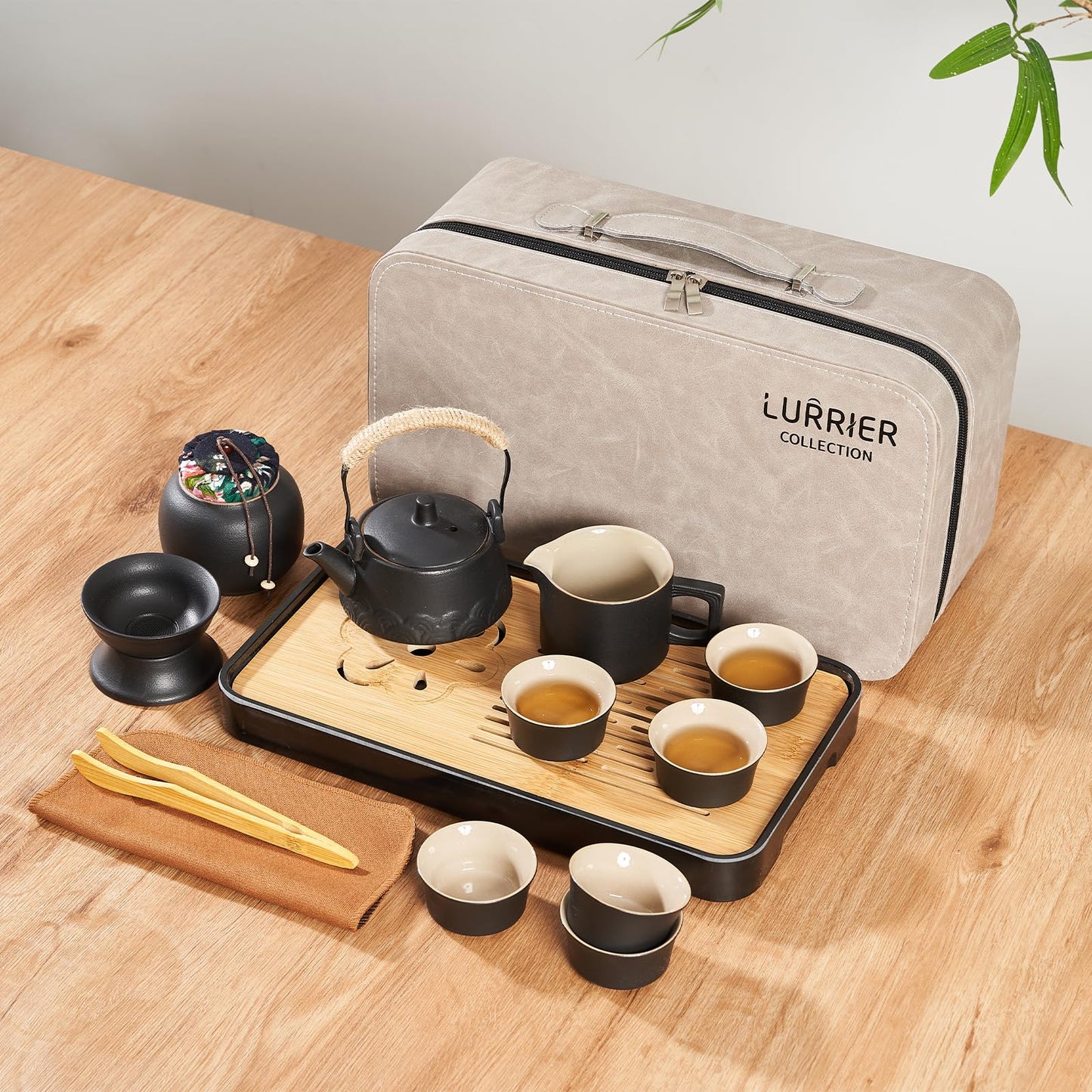 LURRIER Gongfu tea sets, Portable Ceramic TeaSet, Asian Tea sets for adult, Tea Gift sets, Grey leather case, Portable Travel Bag,Home,Gifting,Outdoor and Office(Black)