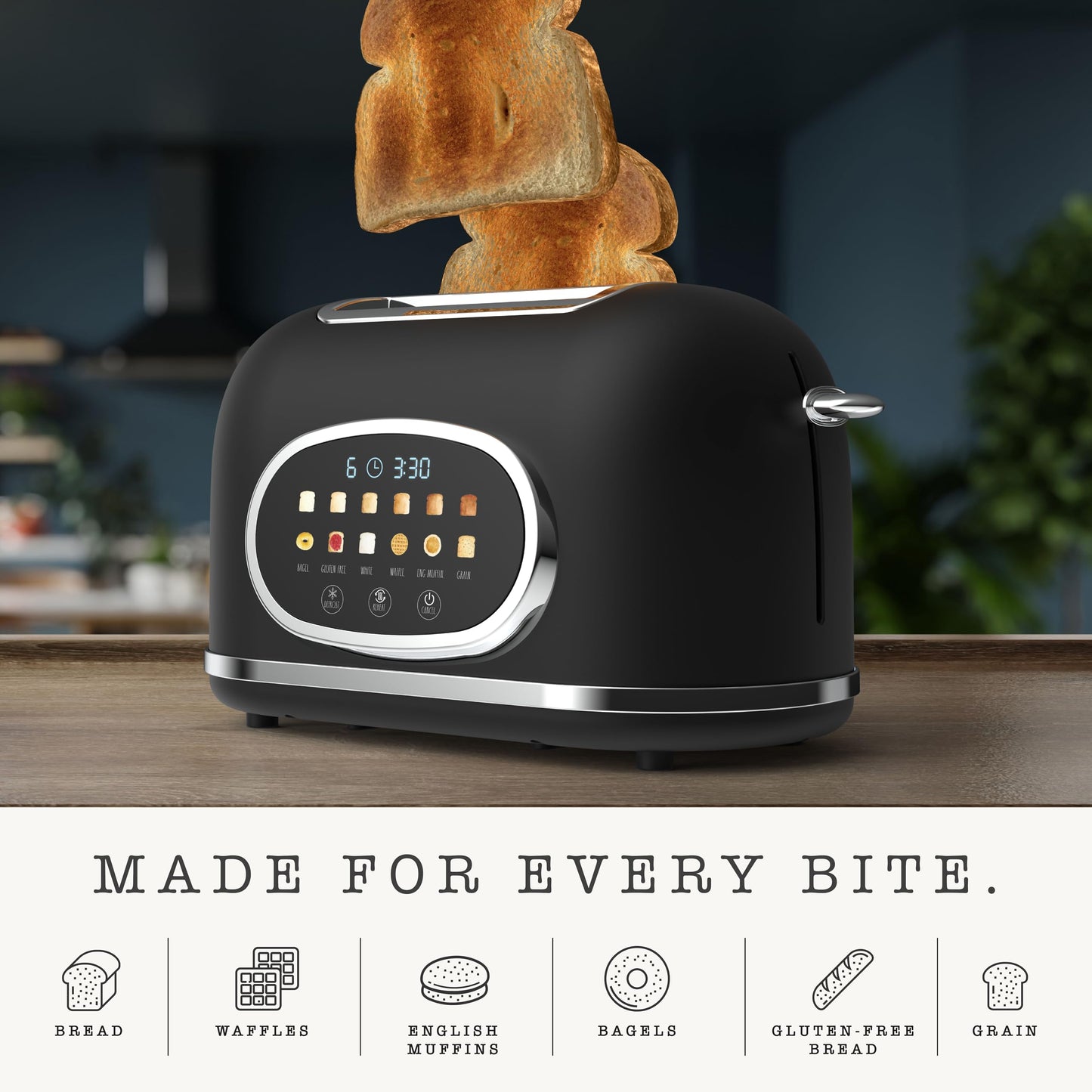 Rae Dunn Retro Digital Electric Toaster, 2 Slice Stainless Steel Toaster With Touchscreen, Countdown Timer, 6 Shade Settings, Wide Slots, High Lift Lever, Bagel, Defrost & Reheat, Digital Black
