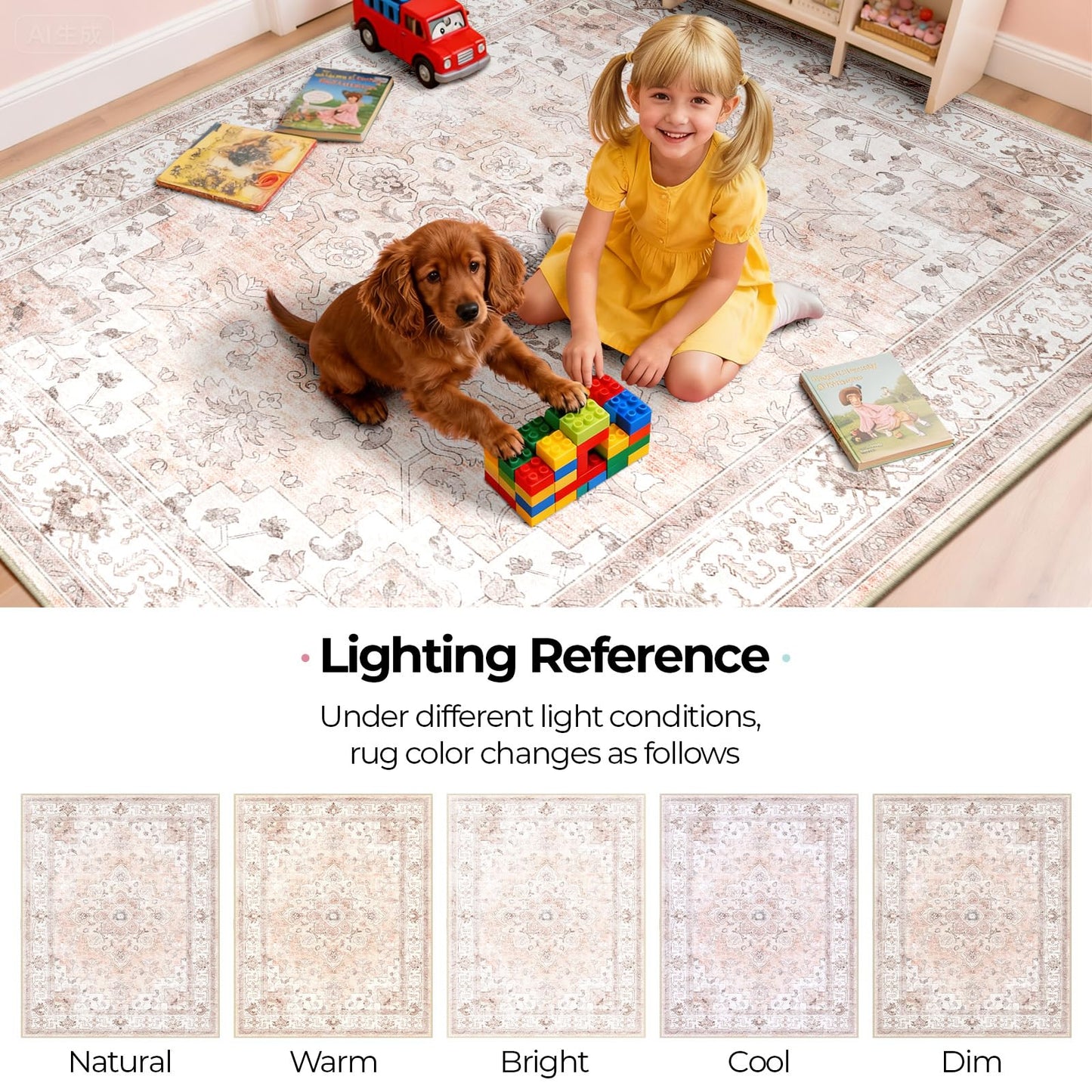 CAPALOCA Machine Washable Rugs Nursery Rug 5x7 Cute Girl Non Slip Low Pile Water Repellent Soft Print Pattern for Bedroom Indoor Decor Kids Playroom Pink