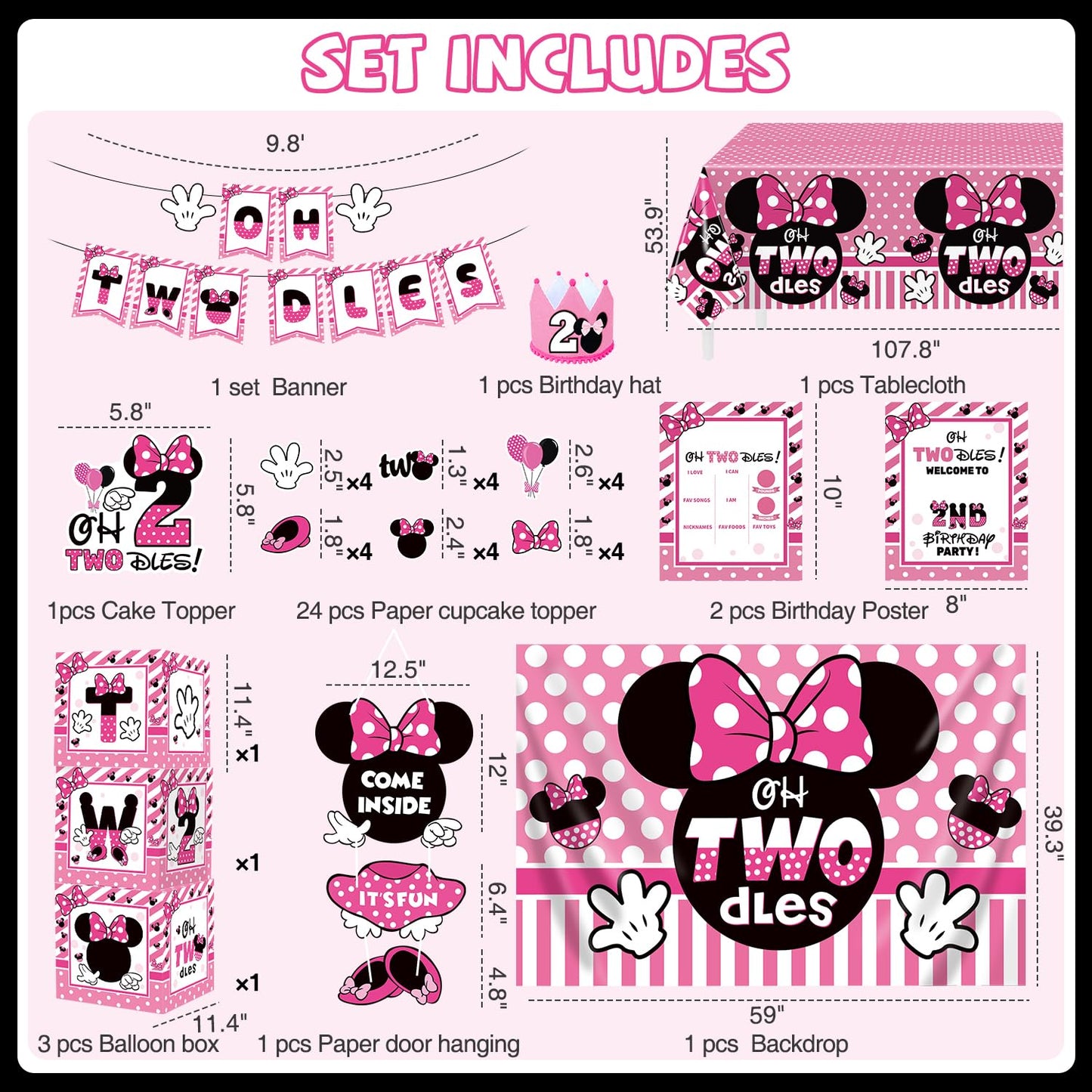 Oh Twodles Birthday Party Supplies Girl, 2nd Birthday Decorations for Girl, 150 Pcs 2 Year Old Party Decorations