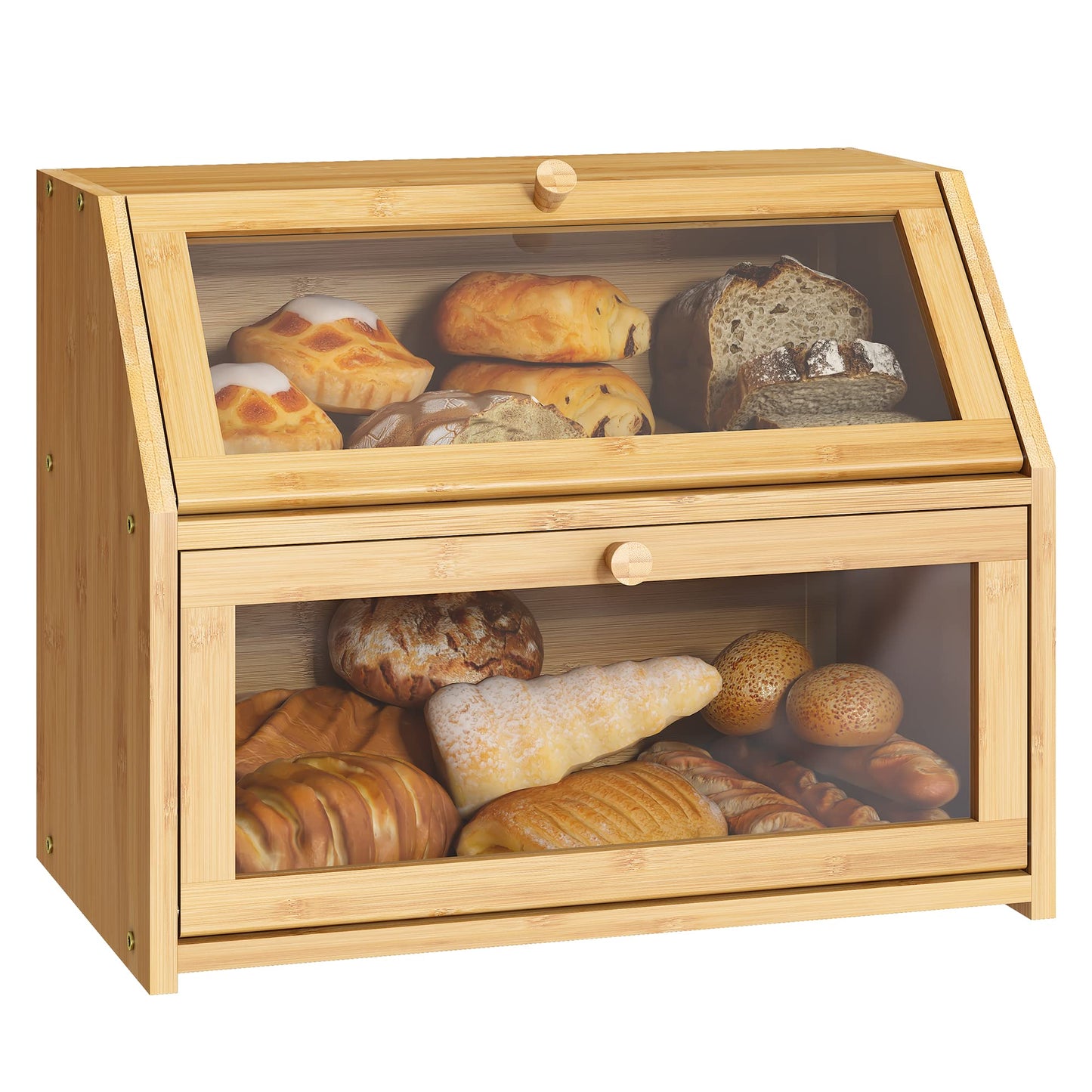 BMOSU Farmhouse Bread Box for Kitchen Countertop Bread box Double Layer Bamboo Wooden Extra Large Capacity Bin Kitchen Food Storage Container(Natural)