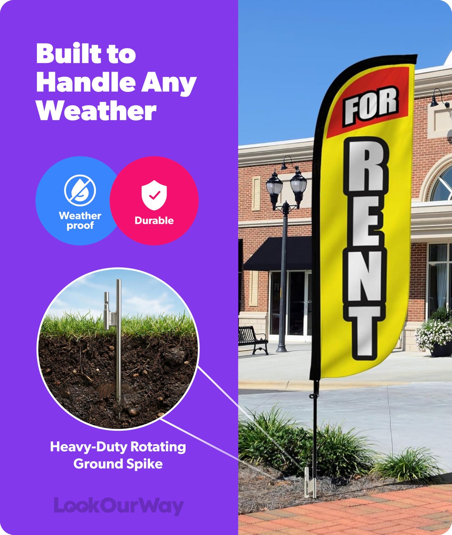 LookOurWay Feather Flag Pole Kit - 7 Feet Tall Advertising Banner with Fiberglass Pole Set and Ground Spike for Business Promotion - Real Estate Flags - For Rent