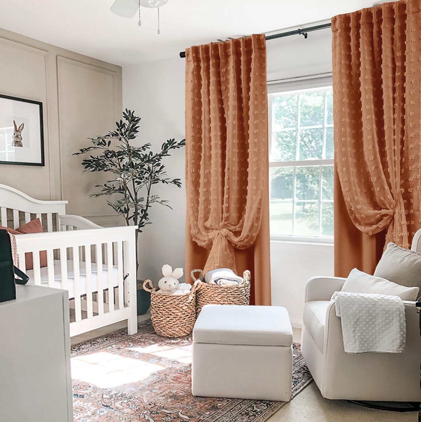 Terracotta Boho Blackout Curtains for Bedroom, Bohemian Pom Pom Double Layer Patterned Drapes, Rust Burnt Orange Sheer Overlay Western Curtains for Living Room 84 Inches Long 2 Panels Set