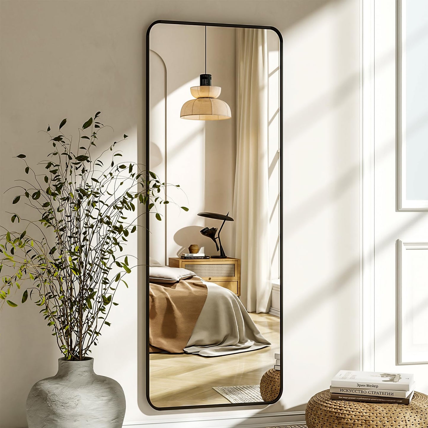 XRAMFY 56"x21" Floor Full Length Mirror Standing Full Body Rounded Corner Rectangle Mirrors with Stand Hanging Wall Mounted Leaning Bedroom Living Room Bedroom Cloakroom,Black