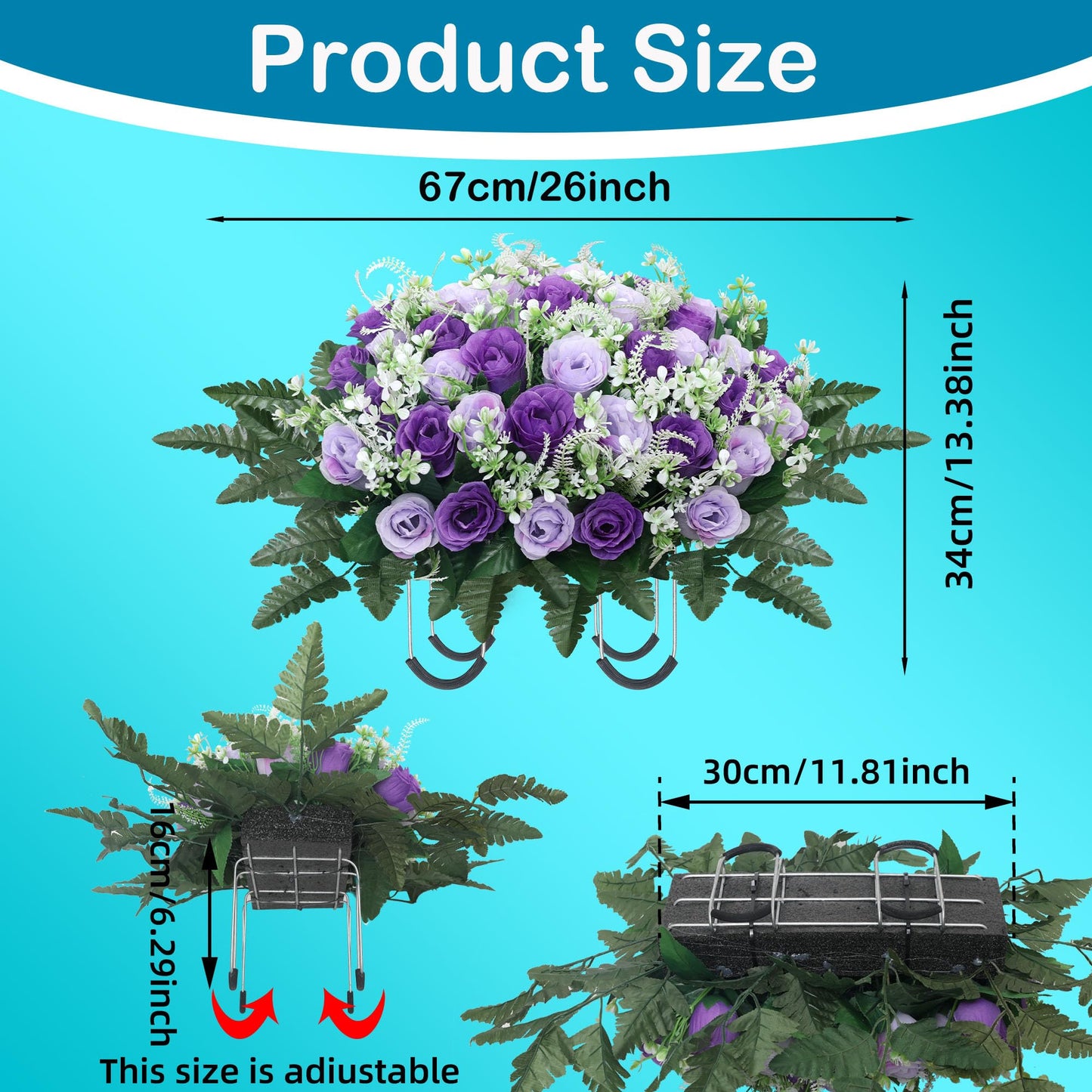 LOSFOTBO Headstone Flower Saddle,Large Artificial Cemetery Flowers for Grave,Cemetery Memorial Flowers for Outdoor Tombstone Decorations (Purple)