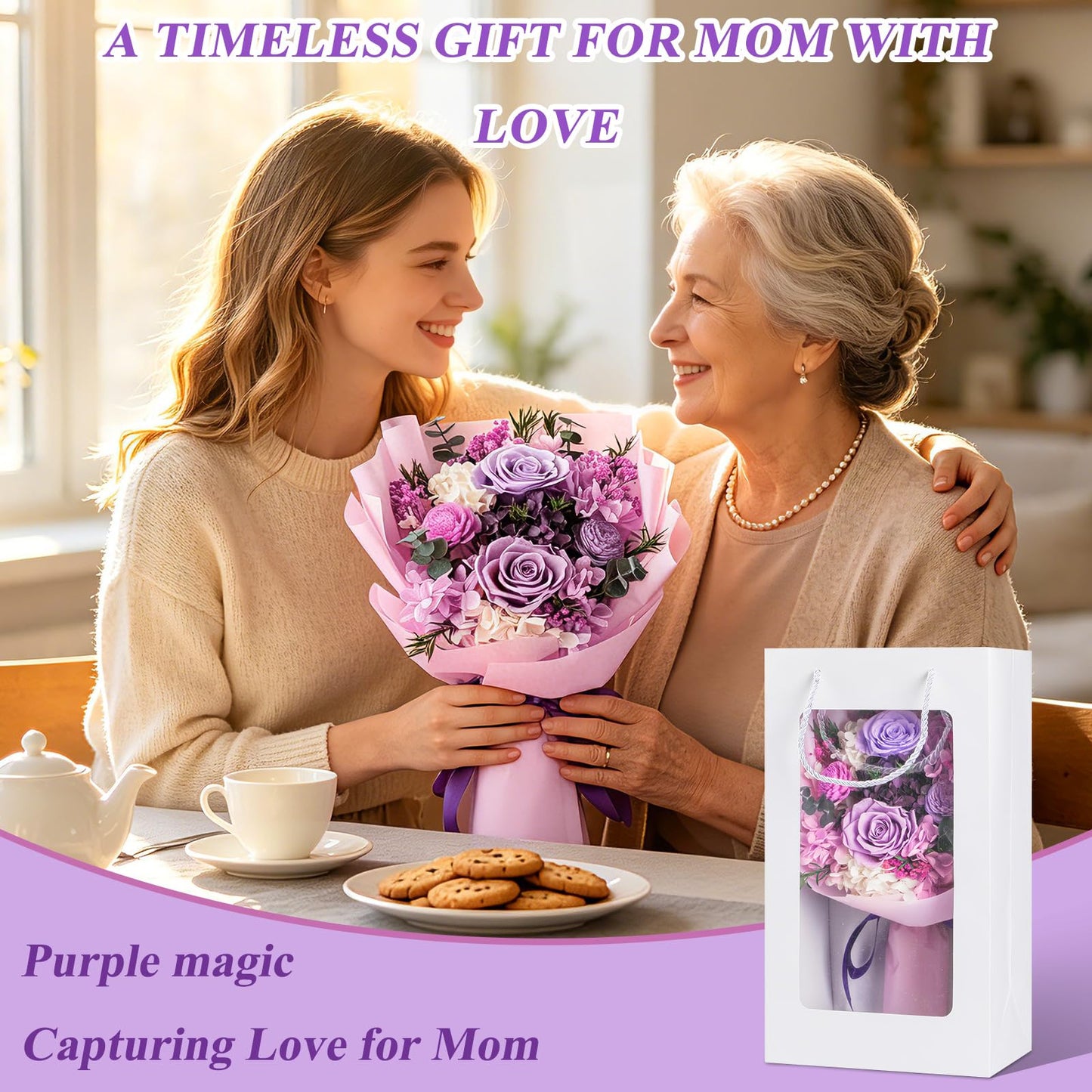 HOTKBO Flowers for Delivery, Preserved Flowers Bouquets – 4 Eternal Purple Preserved Roses that Last 2-3 Years, Birthday Gifts for Women, Forever Roses Bouquet for Graduation,Anniversary,Home Decor