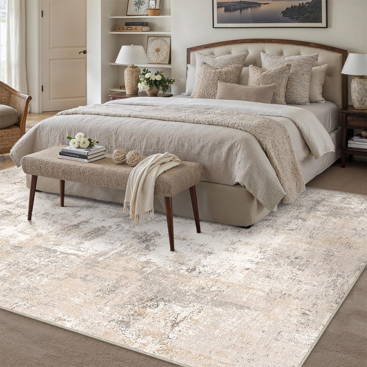 WondRg 5x7 Washable Area Rug Beige Grey Abstract Non Slip Soft Low Pile Rug for Living Room Bedroom Dining Room Office Neutral Modern Indoor Throw Carpet for Home Decor