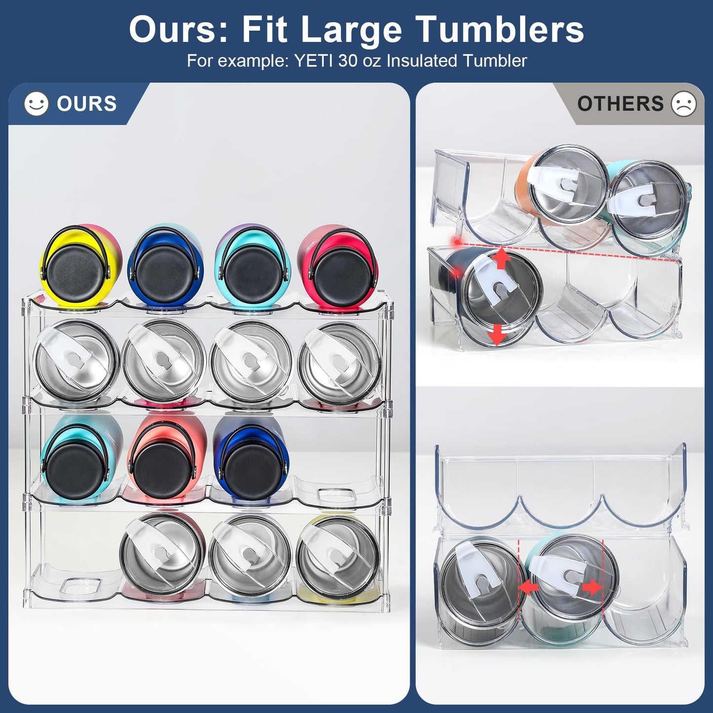 LARGER Compartment - 4 Tier Stackable Water Bottle Organizer Holder - for Stanley 40oz & Others' Large Tumbler - Clear Wine Rack, 16 Cup Bottle Holder for Cabinet Home Countertop Fridge Pantry Shelf