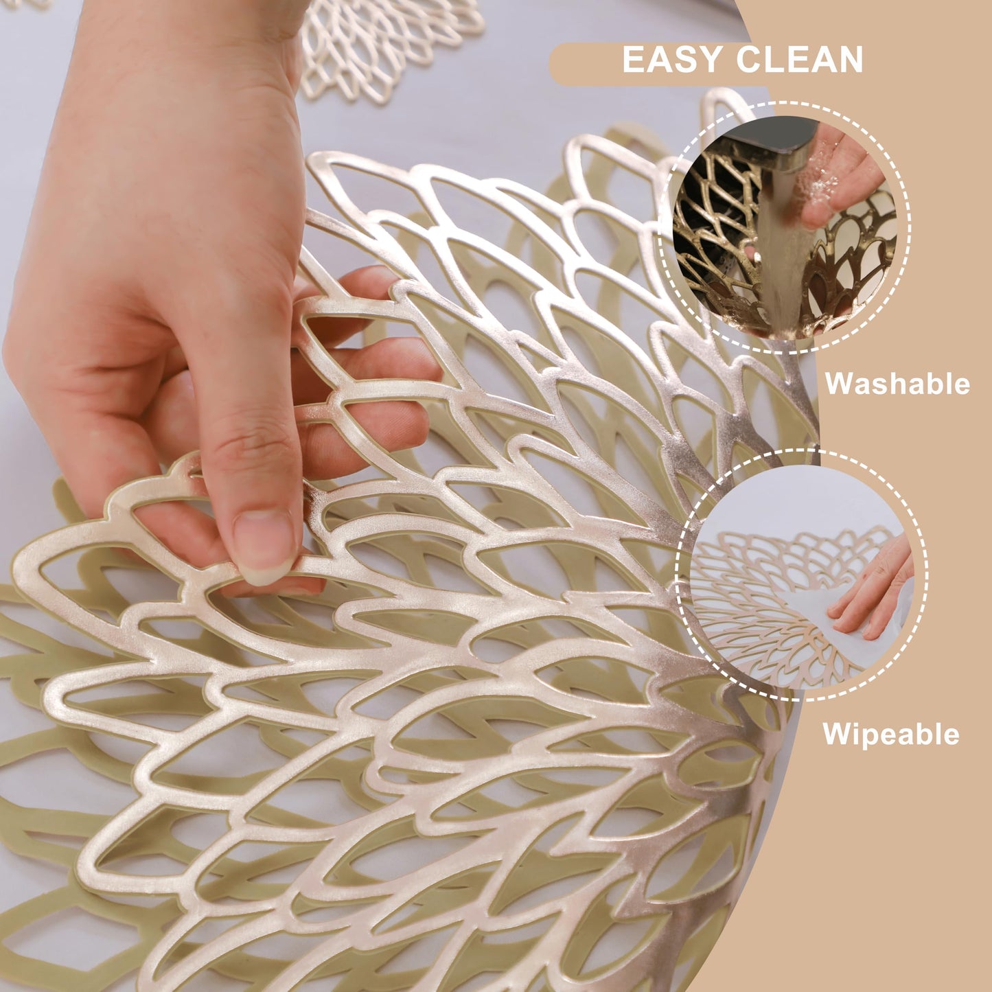 Snowkingdom Pack of 18 Gold Placemats Metallic Round Leaf Bulk Pressed Vinyl Dinning Kitchen Table Charger Mats Decorations for Mothers Day Wedding Party Birthday Event Holiday Christmas Thanksgiving