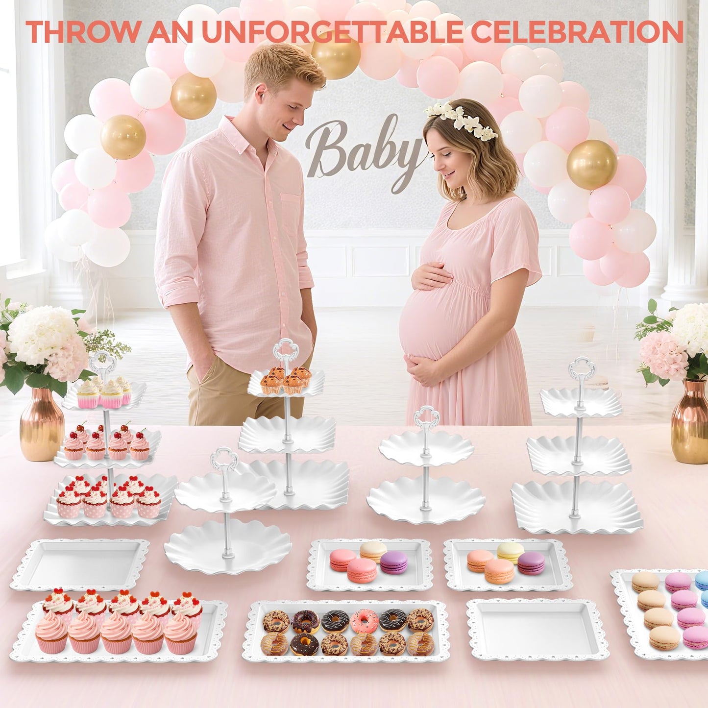 12Pcs Dessert Table Display Set, Cupcake Stand, 3-Tier Cup Cake Tower Stands & 2-Tiered Cake Holder, Treat Food Platters Serving Trays for Tea Party, Baby Shower, Bridal, Wedding, Birthday, Plastic