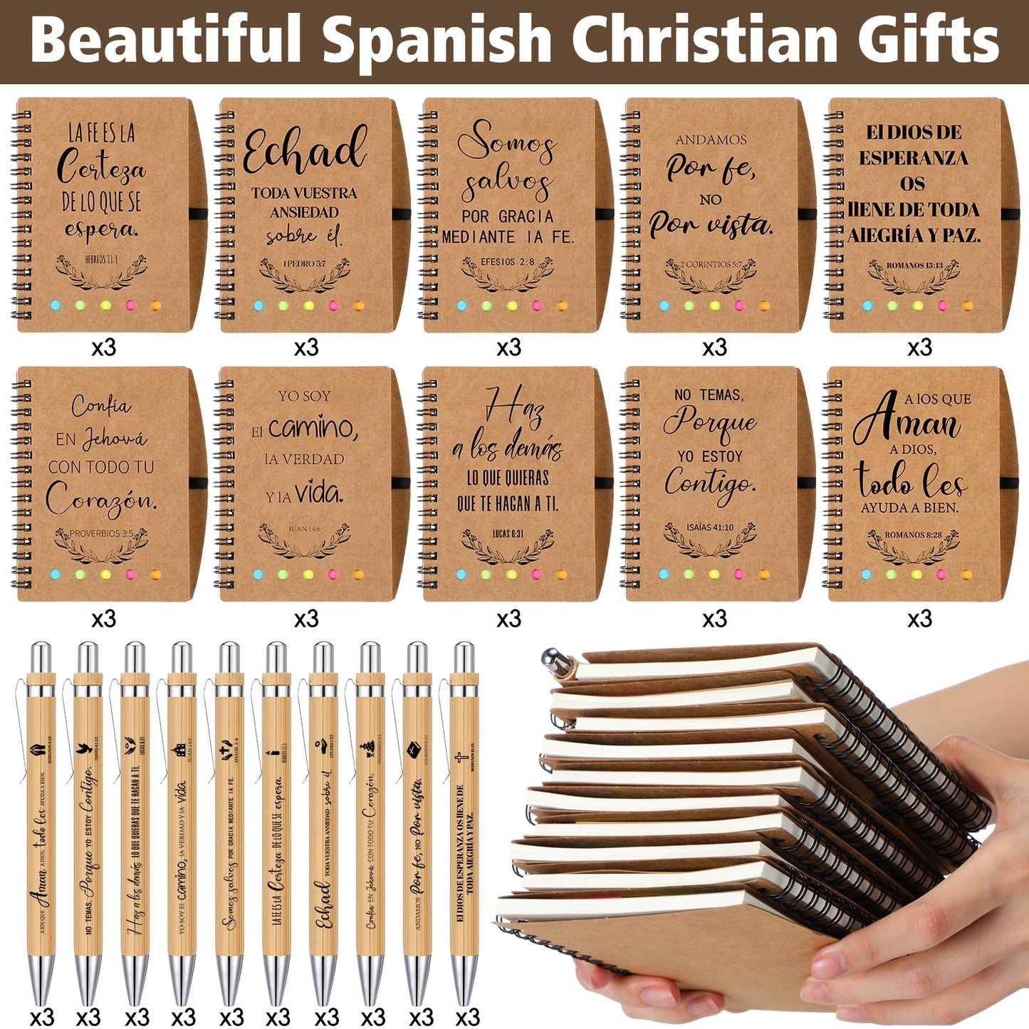 Resurhang 30 Set Spanish Christian Gifts Bulk for Father Religious Notebooks with Bible Verse Pen, Inspirational Spiral Prayer Journal Notepad Church Gifts for Women Men Sunday School (Brown)