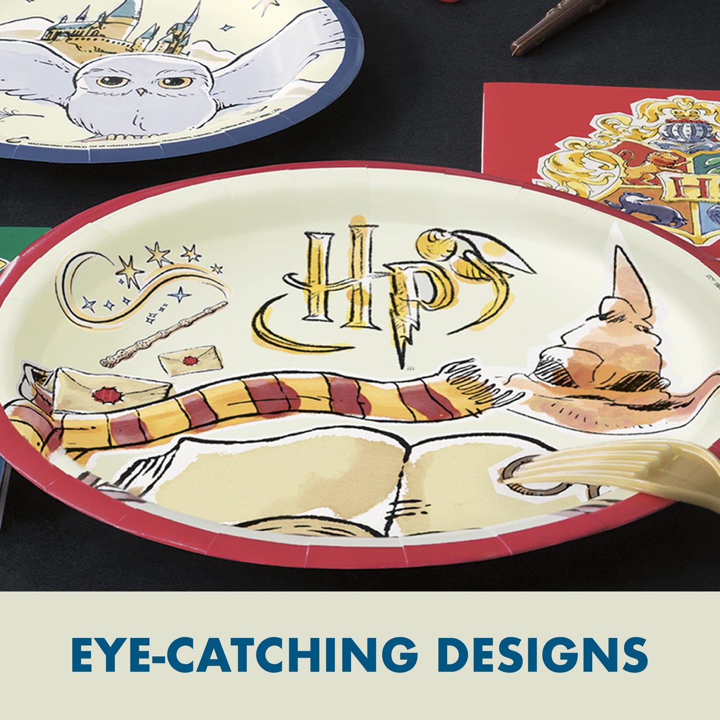 Harry Potter Birthday Decorations | Harry Potter Party Decorations | Serves 16 Guests | Table Cover, Banner, Dinner and Cake Plates, Napkins, Cups, Candles, Button | Officially Licensed