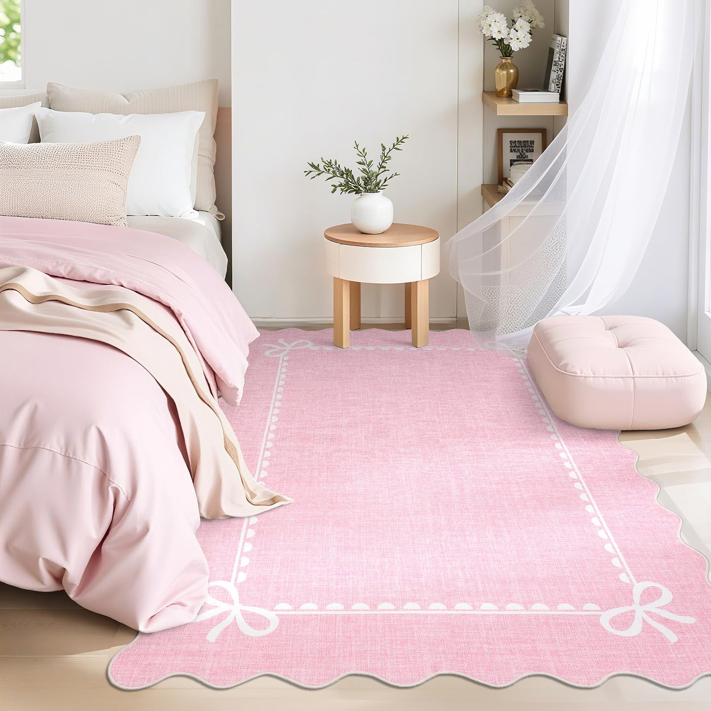 GarveeHome Scalloped Bow Rug for Living Room, Solid Pink Rug for Dorm, Washable Rugs 5x7 Soft Low Pile Non Slip Scalloped Rugs for Nursery College Bedroom Decor Kids Room Playroom