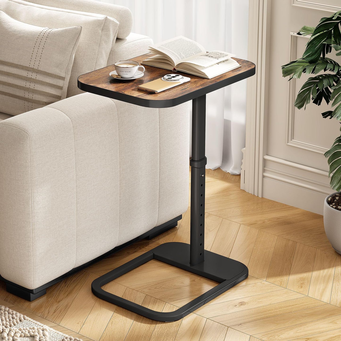 Kitstorack Upgraded TV Tray Table with Panel Lock, 90° Flip-Over Design & Adjustable Height, Sofa Arm Side Table for Eating, Laptop, Couch, Bed, or Small Spaces, Brown