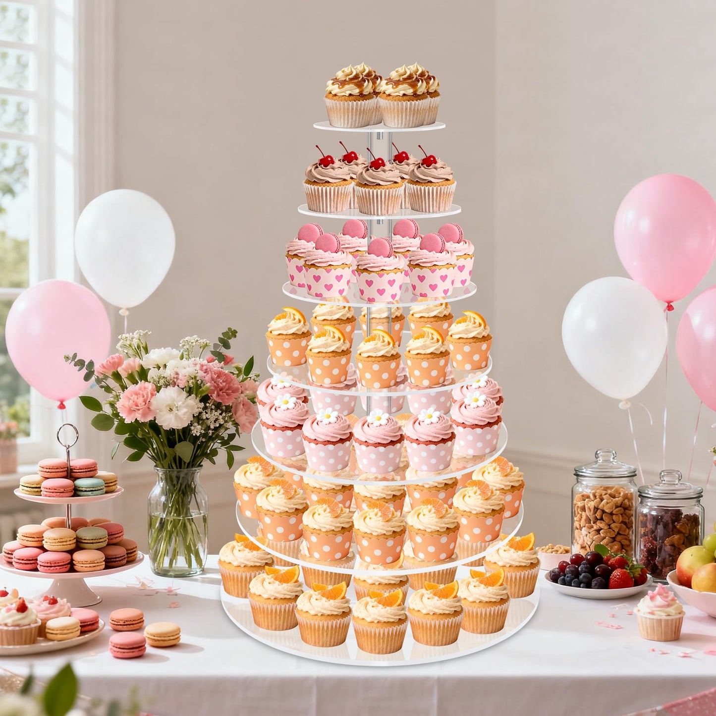 Cupcake Stand, 7 Tier Round Cupcake and Cake Dessert Tower Holder for 70 Cupcakes, Clear Acrylic Cupcake Riser, Large Pastry Cupcake Display for Party Wedding Birthday