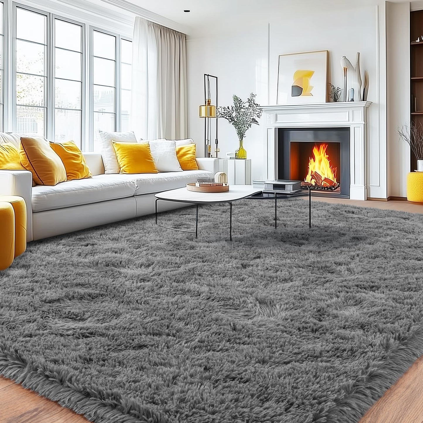 Quntue 8x10 Area Rugs for Living Room, Large Ultra Fluffy Fuzzy Shag Grey Rug for Bedroom, Modern Plush Soft High Pile Upgrade Non-Slip Gray Carpet for Kids Girls and Boys, Dorms, Home Decor Aesthetic
