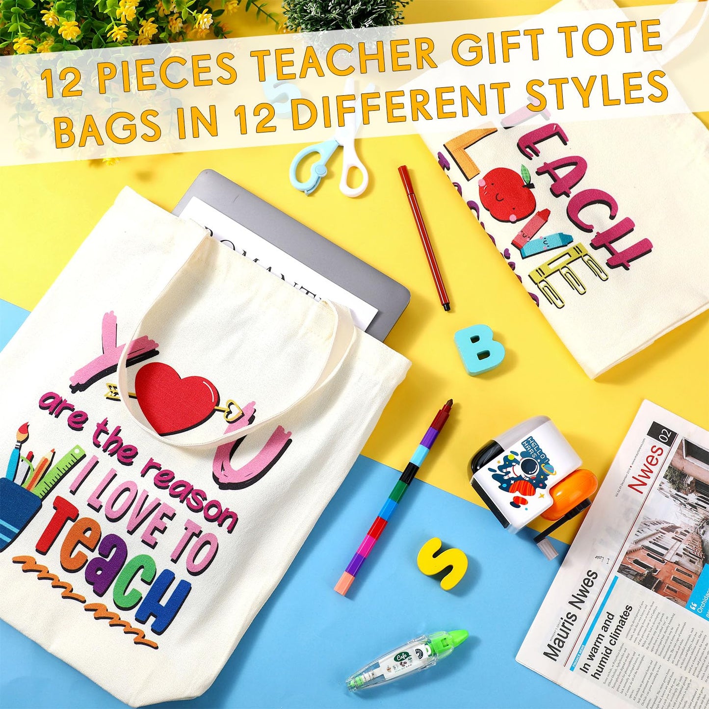 Capoda 12 Pcs Teacher Canvas Tote Bags Large Teacher Appreciation Gifts Bags with Zippers Best Teacher Ever Shoulder Bags for Women Men Teacher's Day Back to School Birthday Retirement Gifts Supplies