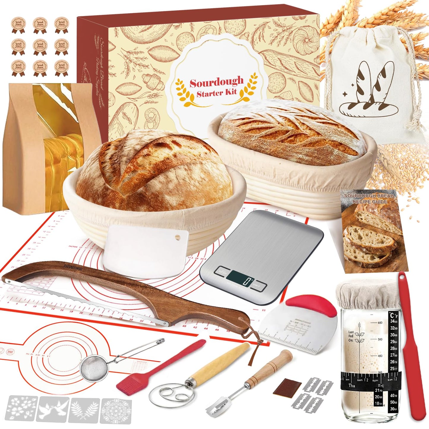 Sourdough Starter Kit with Scale, Banneton Bread Proofing Basket, Sour Dough Starter Jar, Complete Sourdough Bread Baking Supplies Tools, Full Sourdough Bread Making Tool, Gift Set for Bakers Beginner