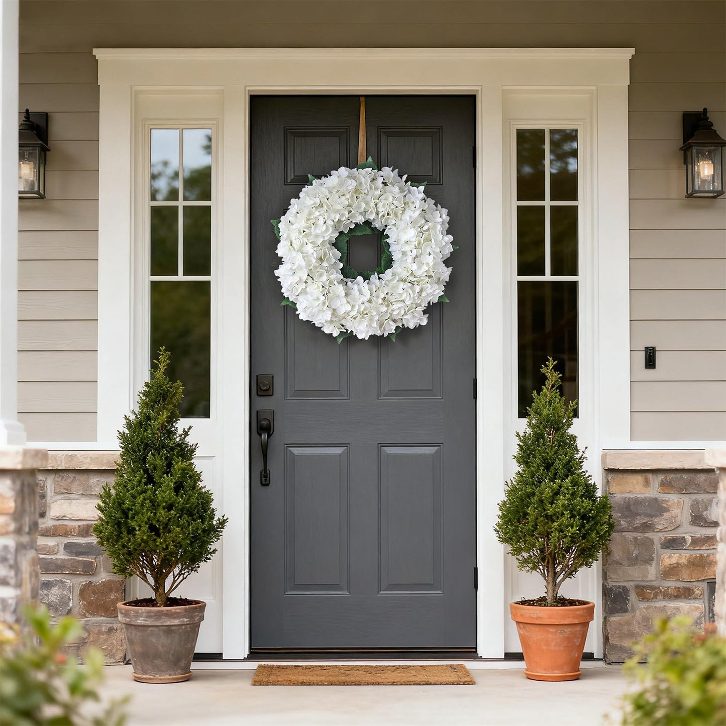 Artificial Hydrangea Wreath for Front Door, 21" Spring Summer White Flower Wreath, Faux Hydrangeas Leaves for Home Mantel Wall Farmhouse Decor