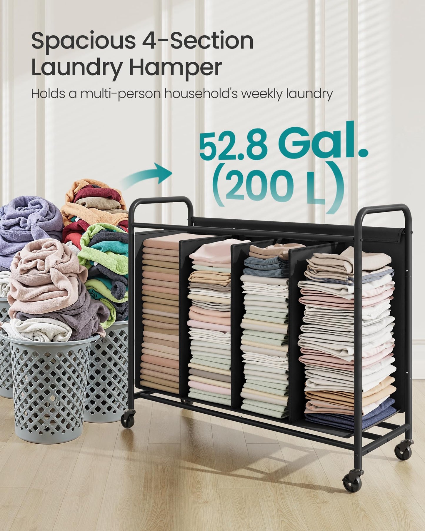 SONGMICS 4-Section Laundry Sorter, Laundry Hamper with Wheels, Rolling Clothes Hamper Cart with Large Capacity and Removable Bags, for Laundry Room, Bedroom, Bathroom, Ink Black URLS460B01