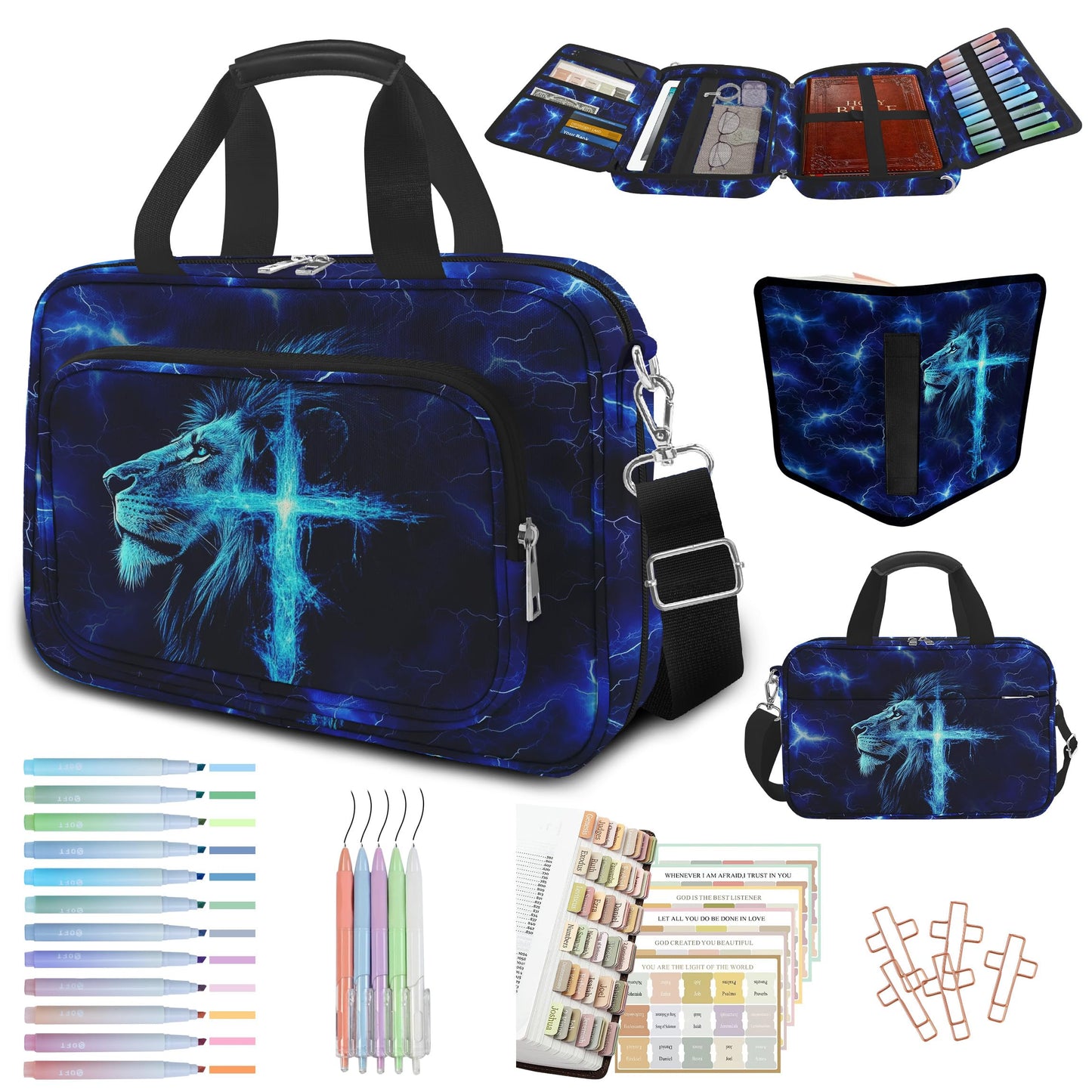 IBOVODI Lion Cross Large Bible Cover Case for Boys with Handle Zipper Pocket, Bible Study Supplies Journaling Kit Book Carrying Case with Pens Highlighters Cross Clips, Christian Gifts for Men Blue
