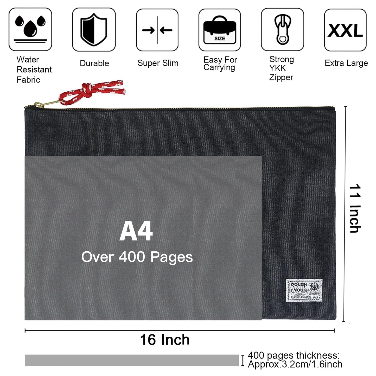 Rough Enough Important Document Storage Bag File Folder Organizer Pouch with Zipper Black Waxed Canvas Water Repellent for Travel Office Home