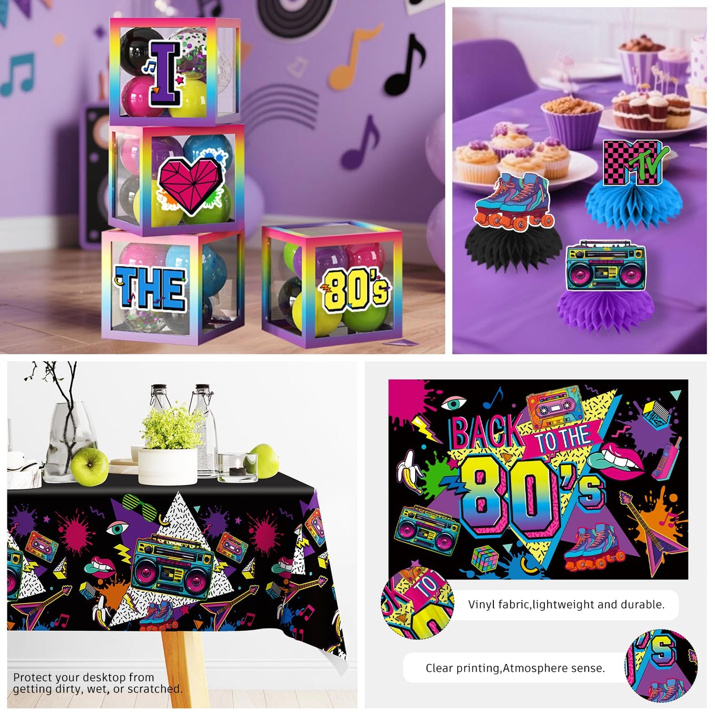 277pcs 80s Party Decorations Serves 25, All-in-one Set with Back To The 80's Backdrop Tableware Balloon Arch Tablecloth Balloon Box Cupcake Topper Table Decor, Etc. for 80s Party Decorations