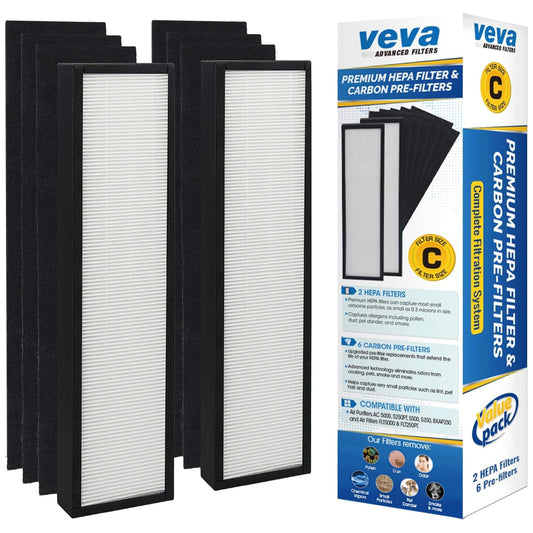 Veva 2 HEPA Air Filters & 6 Carbon Pre-Filters Replacement Filter C Compatible with Germguardian FLT5000/FLT5111 FLT5250PT, AC5000, AC5000E, AC5250PT, AC5350B, AC5350BCA, AC5350W, AC5300B