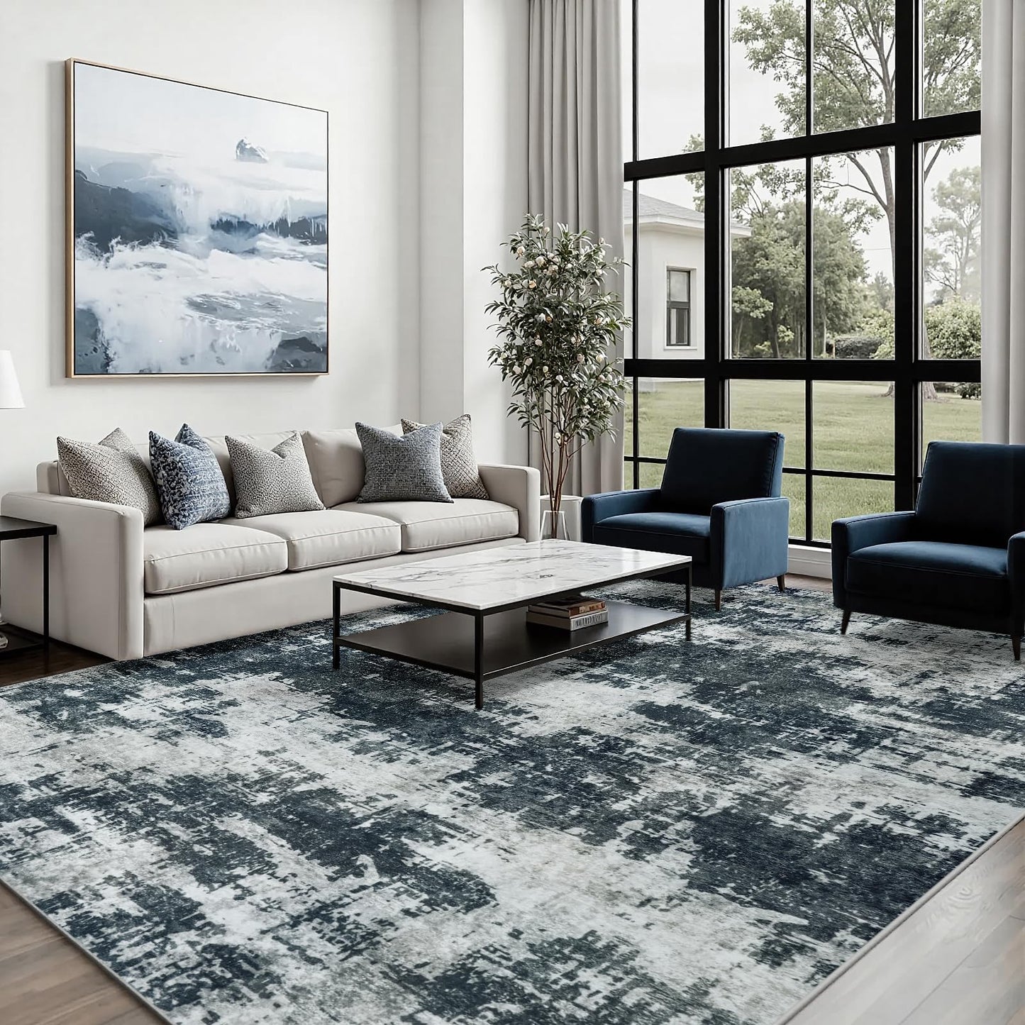 5x7 Area Rugs for Living Room Washable: Abstract Soft Thin Low Pile Black Rug, Indoor Floor Non Slip Stain Resistant Modern Carpet for Bedroom Nursery Farmhouse Dining Room Home Office (Black, 5'x7')