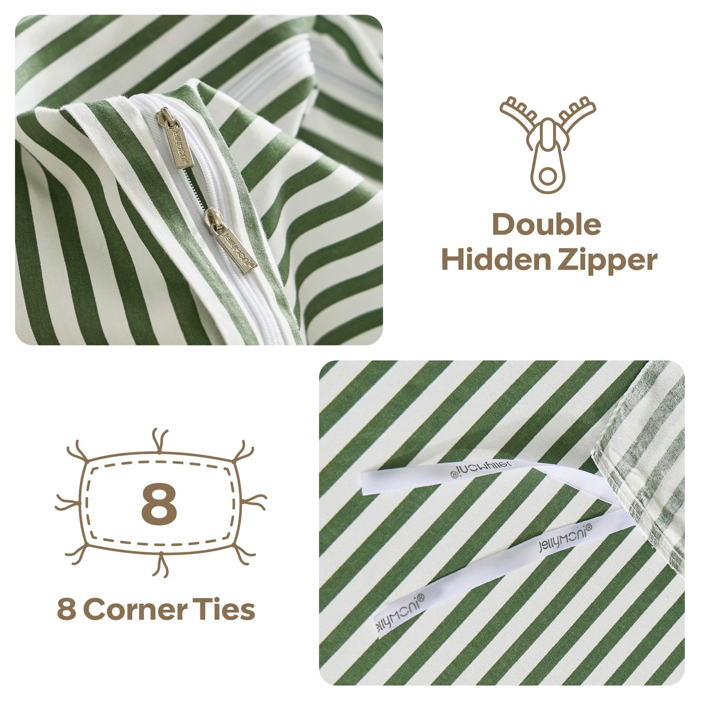 JELLYMONI 100% Natural Cotton 3pcs Striped Duvet Cover Sets,White with Green Stripes Pattern Printed Comforter Cover,with Zipper Closure & Corner Ties(Queen Size)