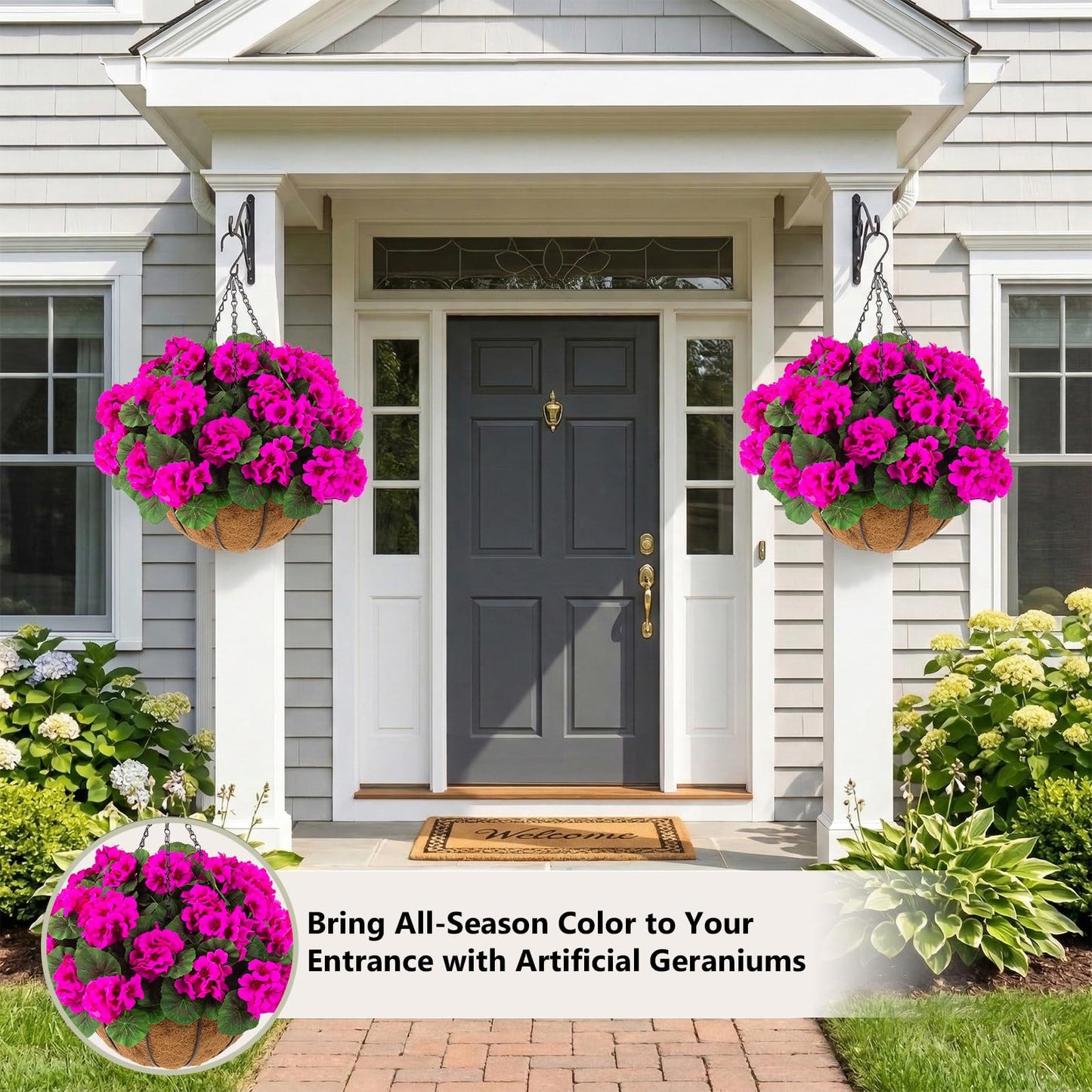 Hananona 2 Set Artificial Outdoor Geraniums Flowers with Hanging Basket, 2 Hanging Planters with 12 Pcs Red Geranium Flowers for Spring Summer Front Porch Garden Patio Home Decor (2, Rose Red)
