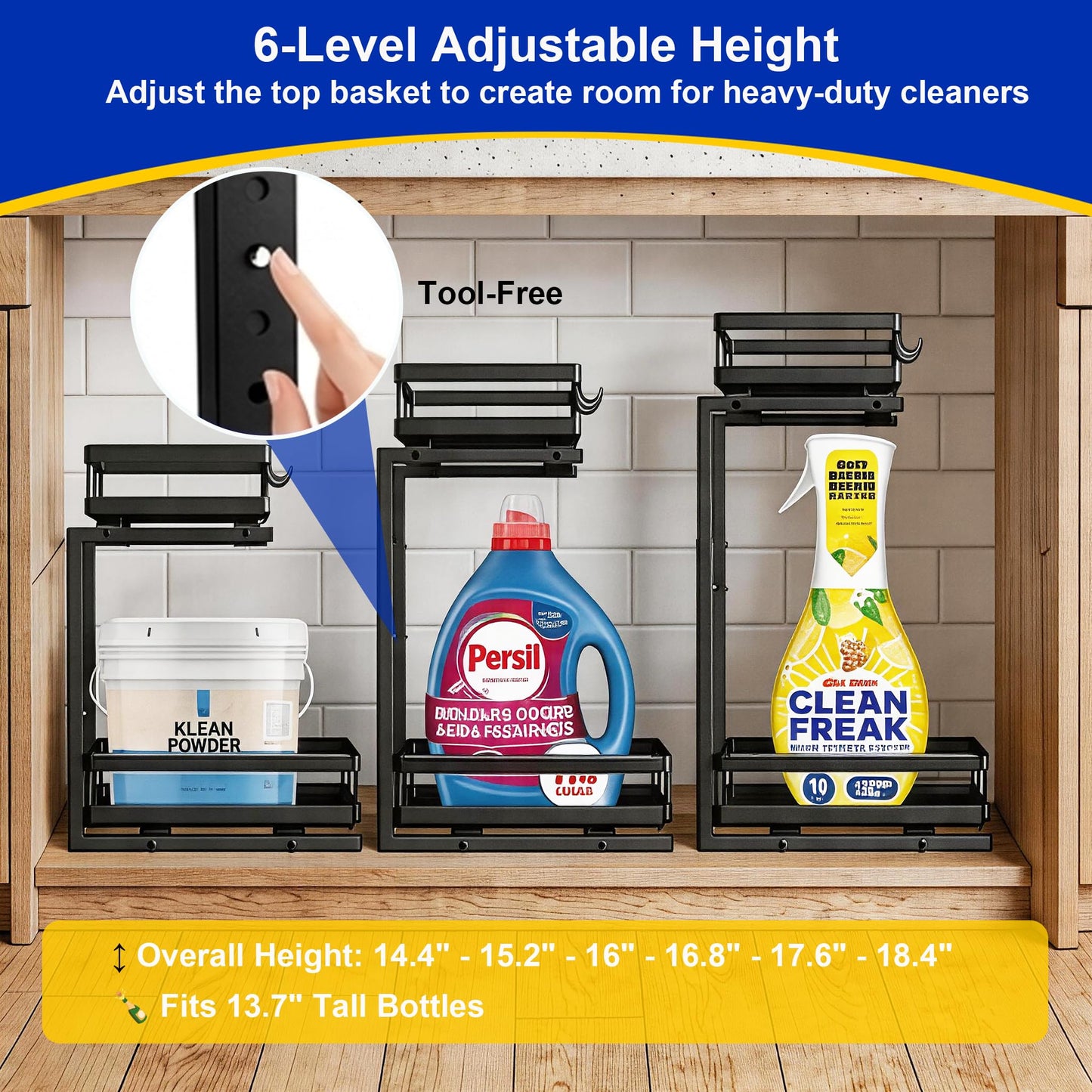 Under Sink Organizer, Dual-Rail Ball-Bearing, Under Kitchen Sink Organizer, 6-Level Adjustable, Under Cabinet Organizer, No-Drill Adhesive/Suction, Under Sink Storage (Black, Double Layer - 2 Pack)