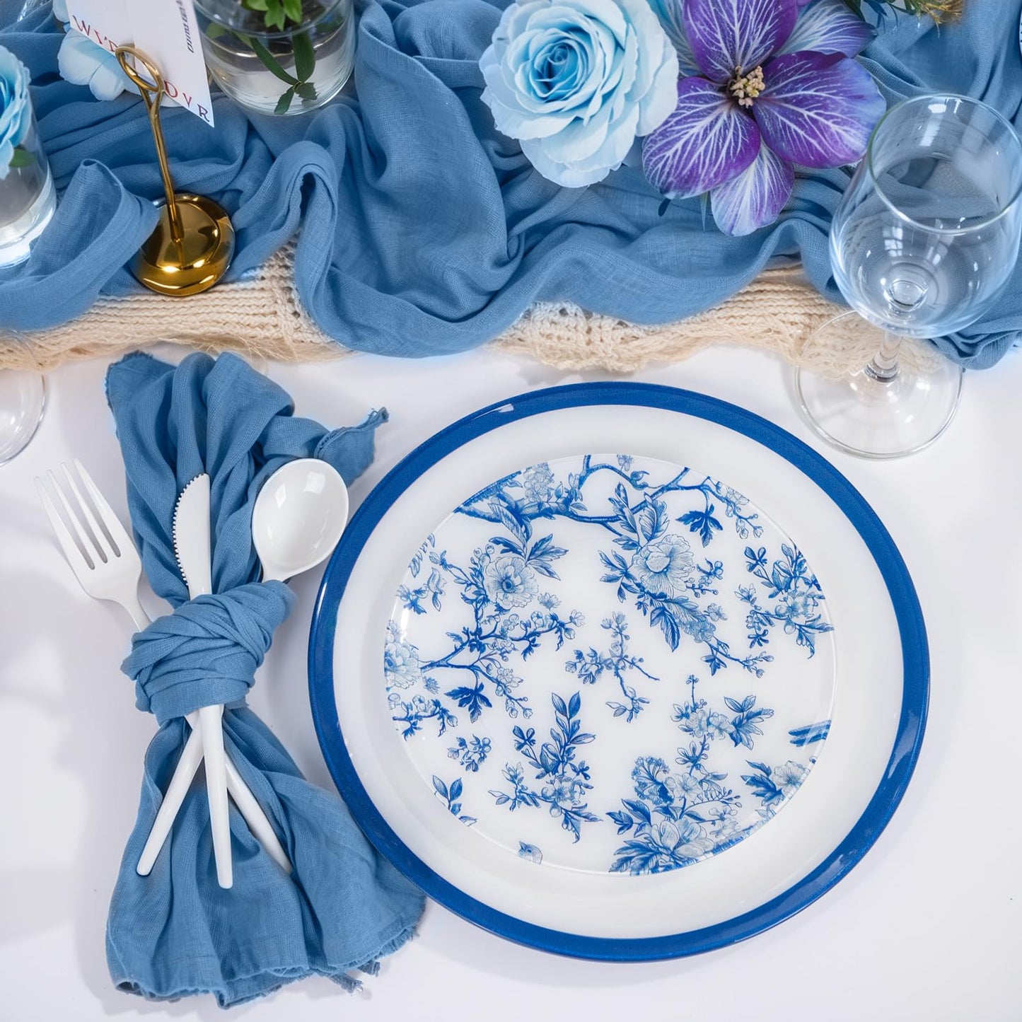 EI 60pcs Blue and White Floral Plastic Plates Fancy Blue Floral Disposable Heavy Duty,10.25inch Dinner Plate and 7.5inch Dessert Plate,Disposable Nice Plastic Plates for Party,Wedding(Value,Elegant)
