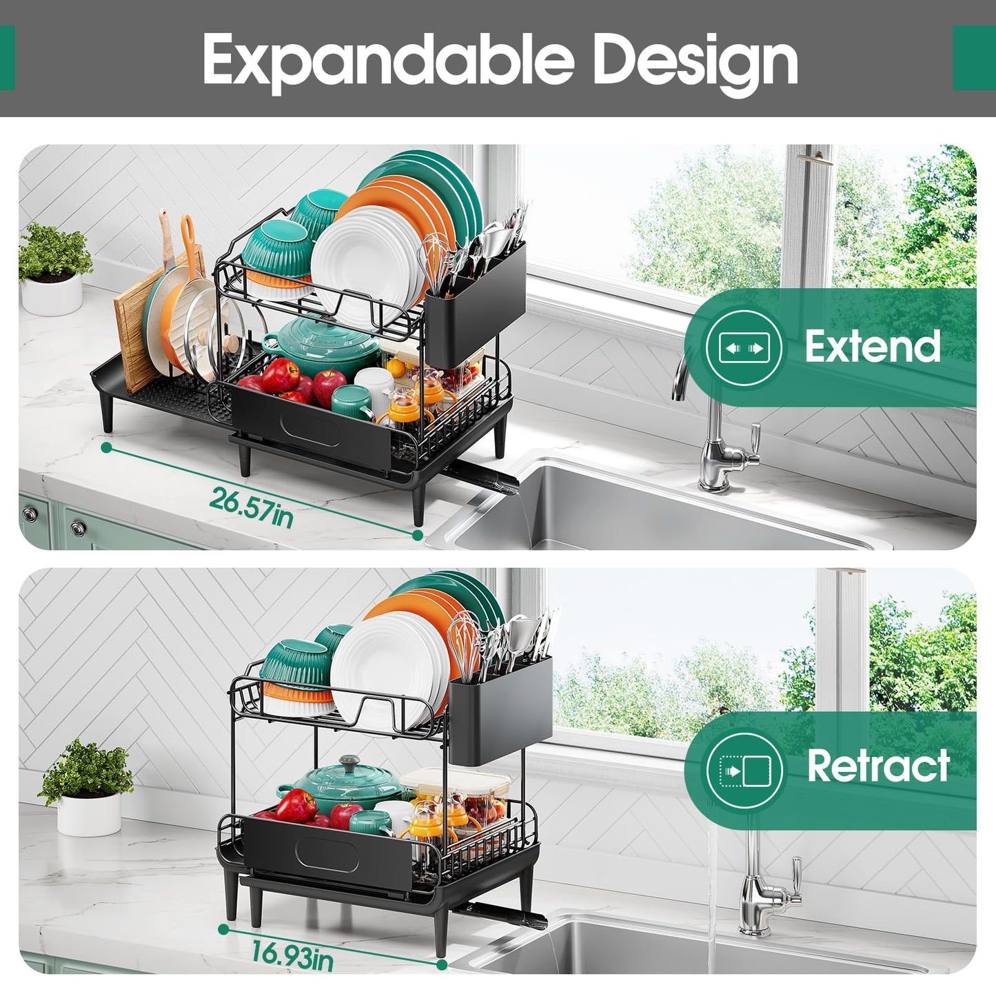 Urackify Dish Drying Rack for Kitchen Counter, Expandable 2 Tier Dish Rack, Large Capacity Dish Drainer with Drainboard Multifunctional Dish Strainer with Removable Cutlery Holder Black