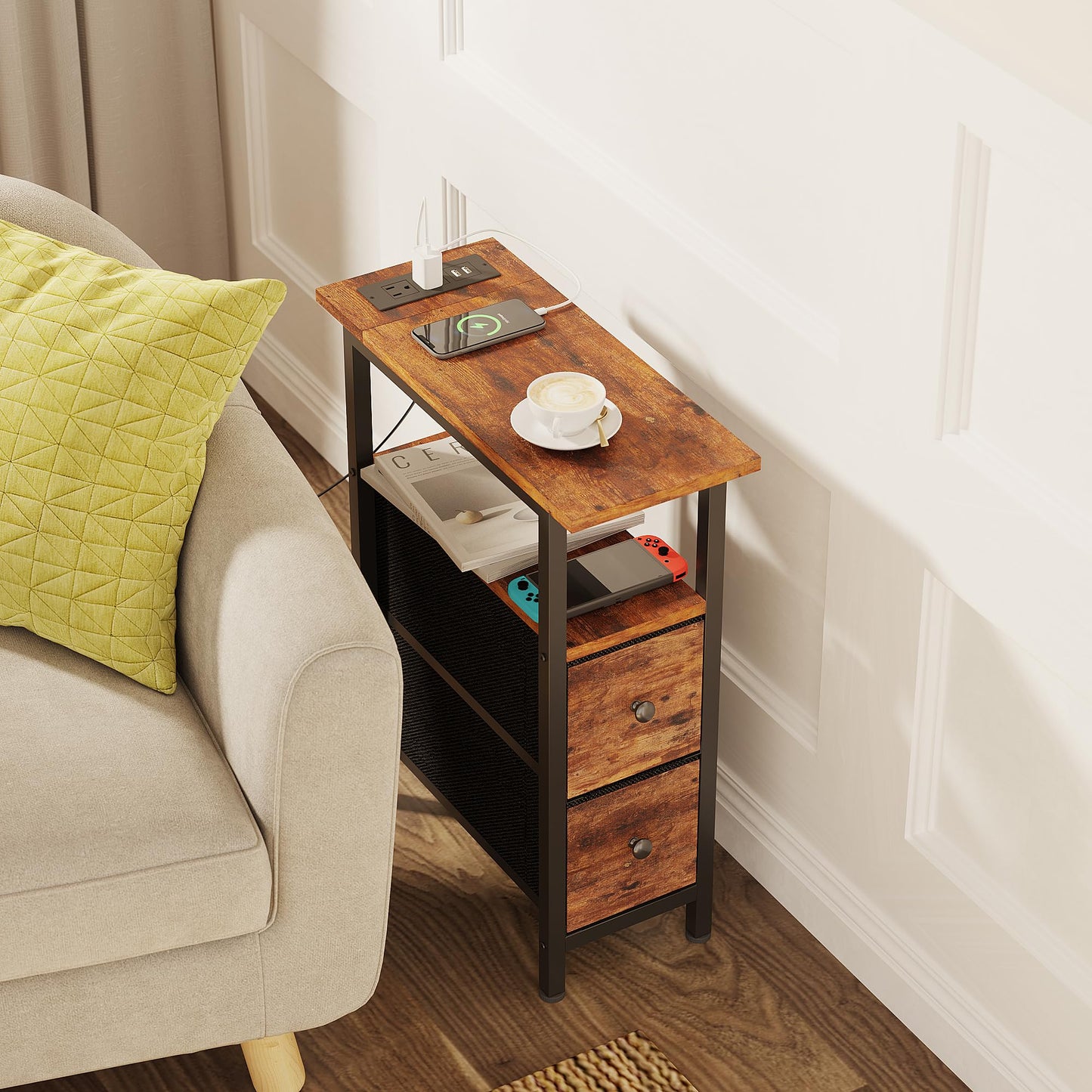 TRIFEBLE End Table with Charging Station, Narrow Side Table with 2 Fabric Drawers, Skinny Nightstand with LED Light, Slim Bedside Table for Bedroom, Living Room, Small Spaces, Rustic Brown