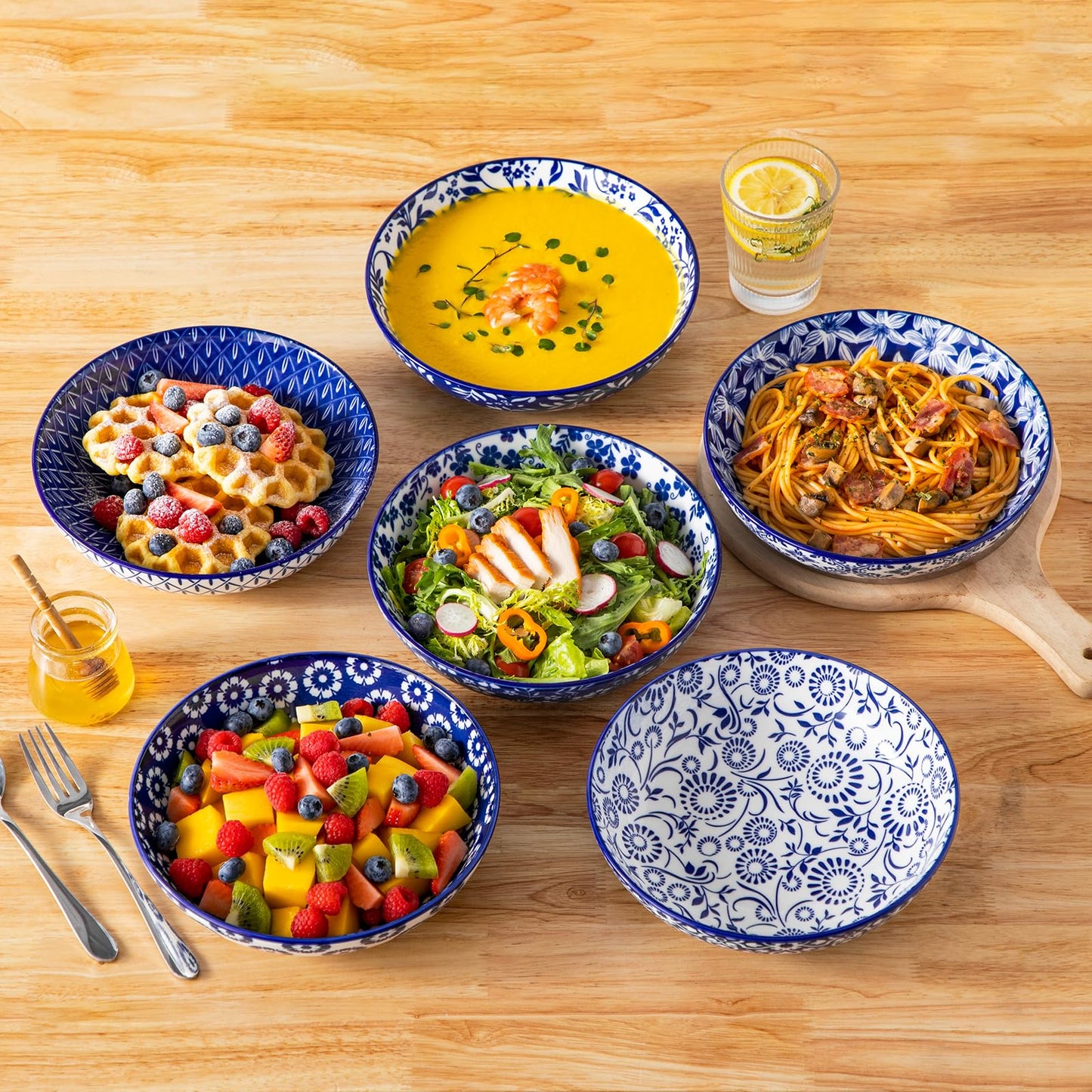 vancasso Selene 8.5" Pasta Bowls Set of 6, 40 oz Porcelain Shallow Salad Bowls, Serving Bowls Large Kitchen Bowl Plates Pasta Plates, Blue & White Floral Design, Microwave Safe